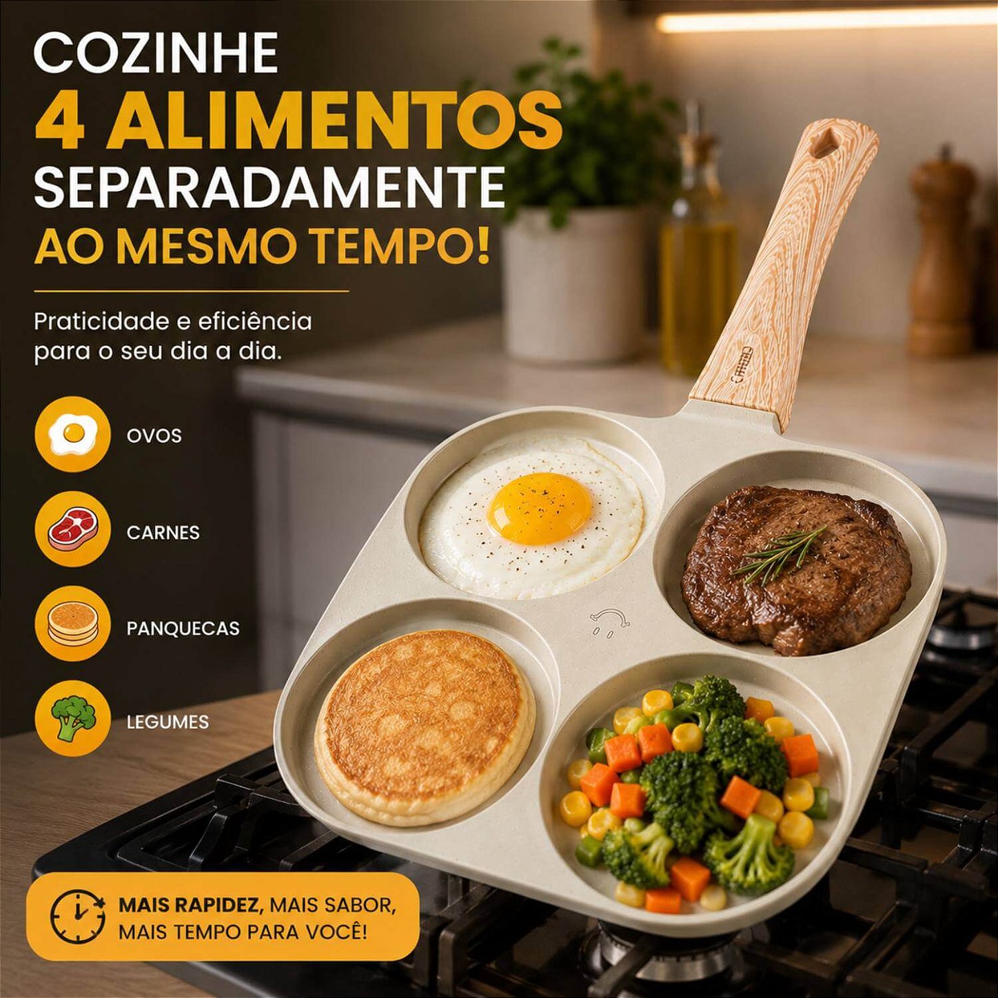 Frigideira Antiaderente com 4 Divisórias para Ovos e Hambúrguer