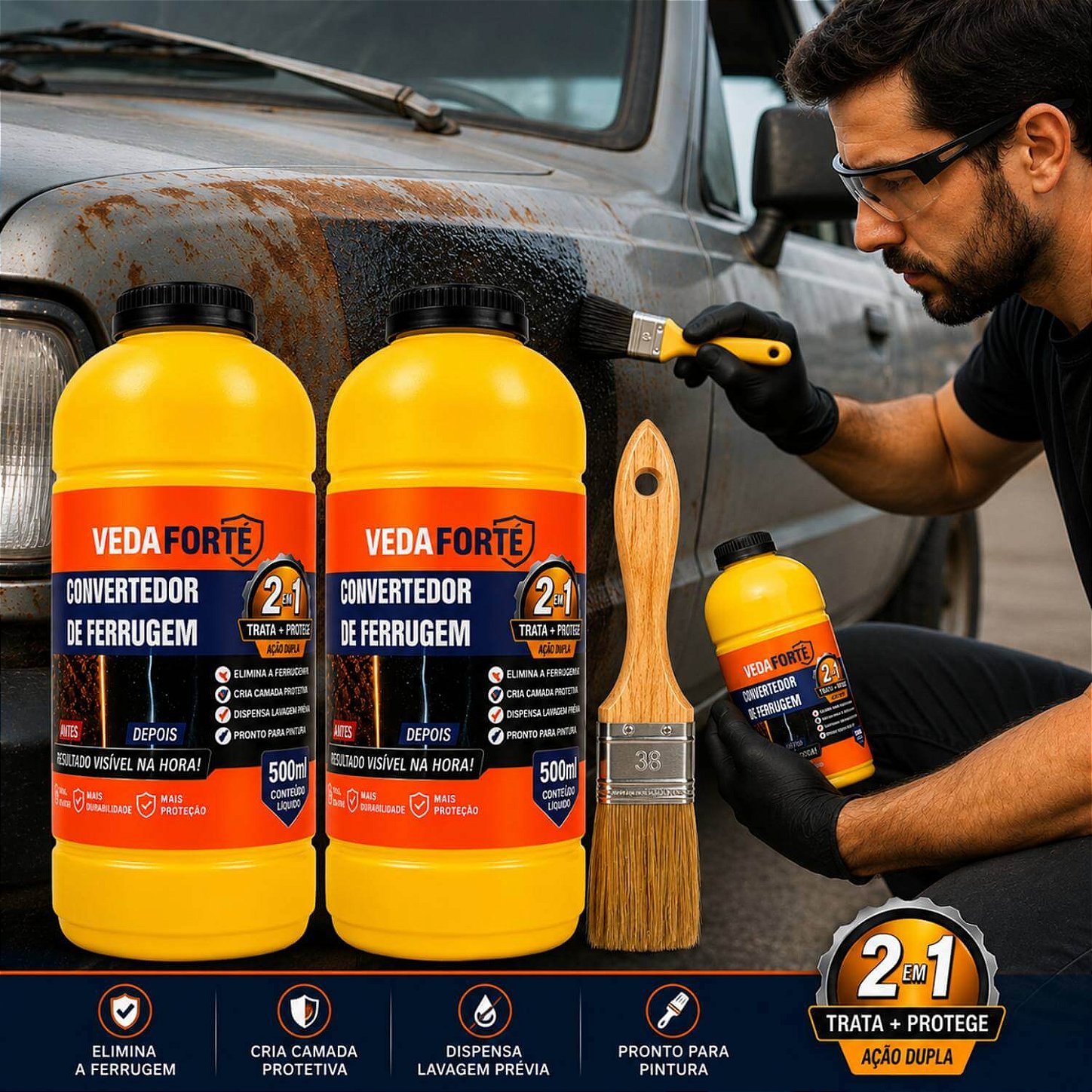 Kit Convertedor de Ferrugem 2 Unidades com Pincel Trata e Protege [500ml]