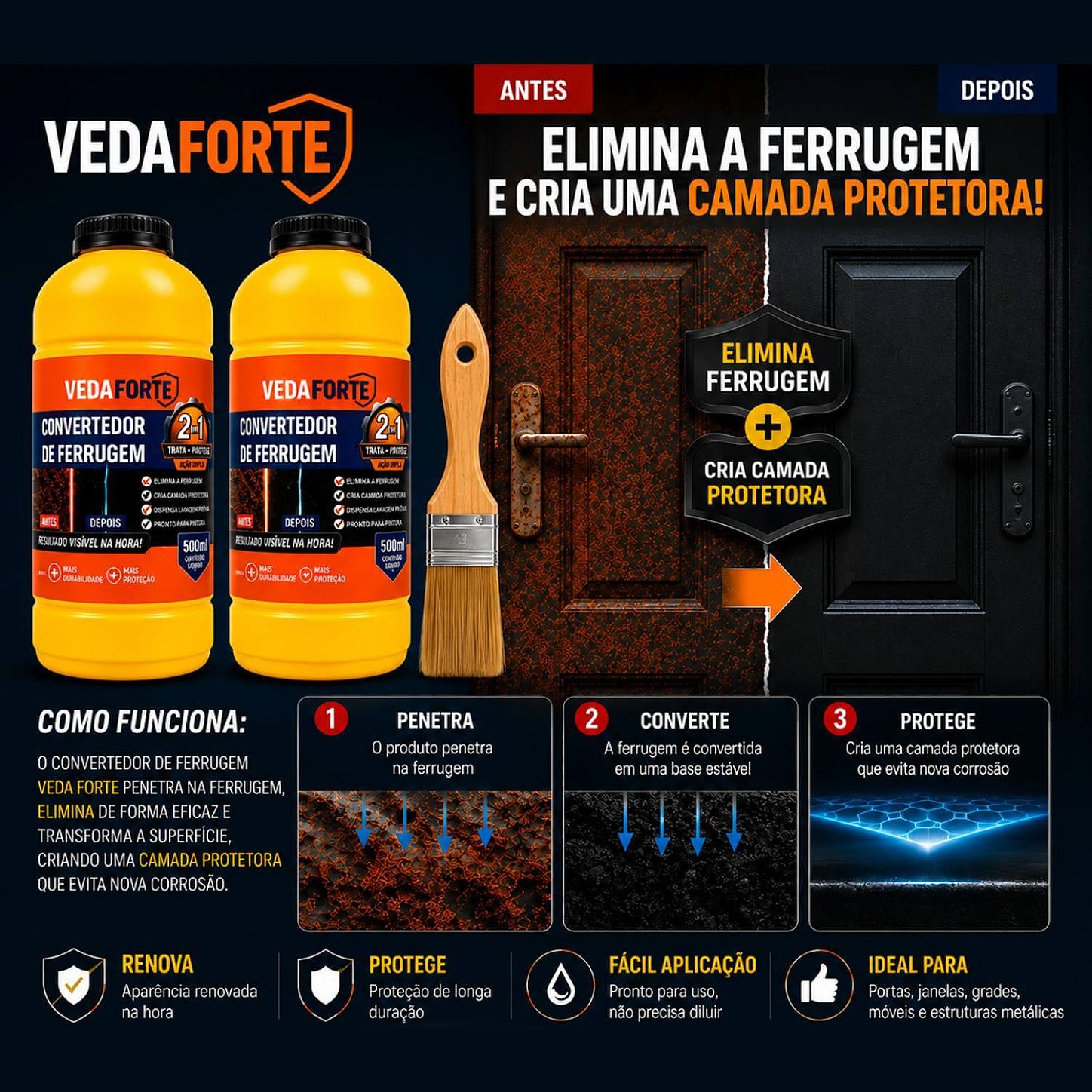 Kit Convertedor de Ferrugem 2 Unidades com Pincel Trata e Protege [500ml]