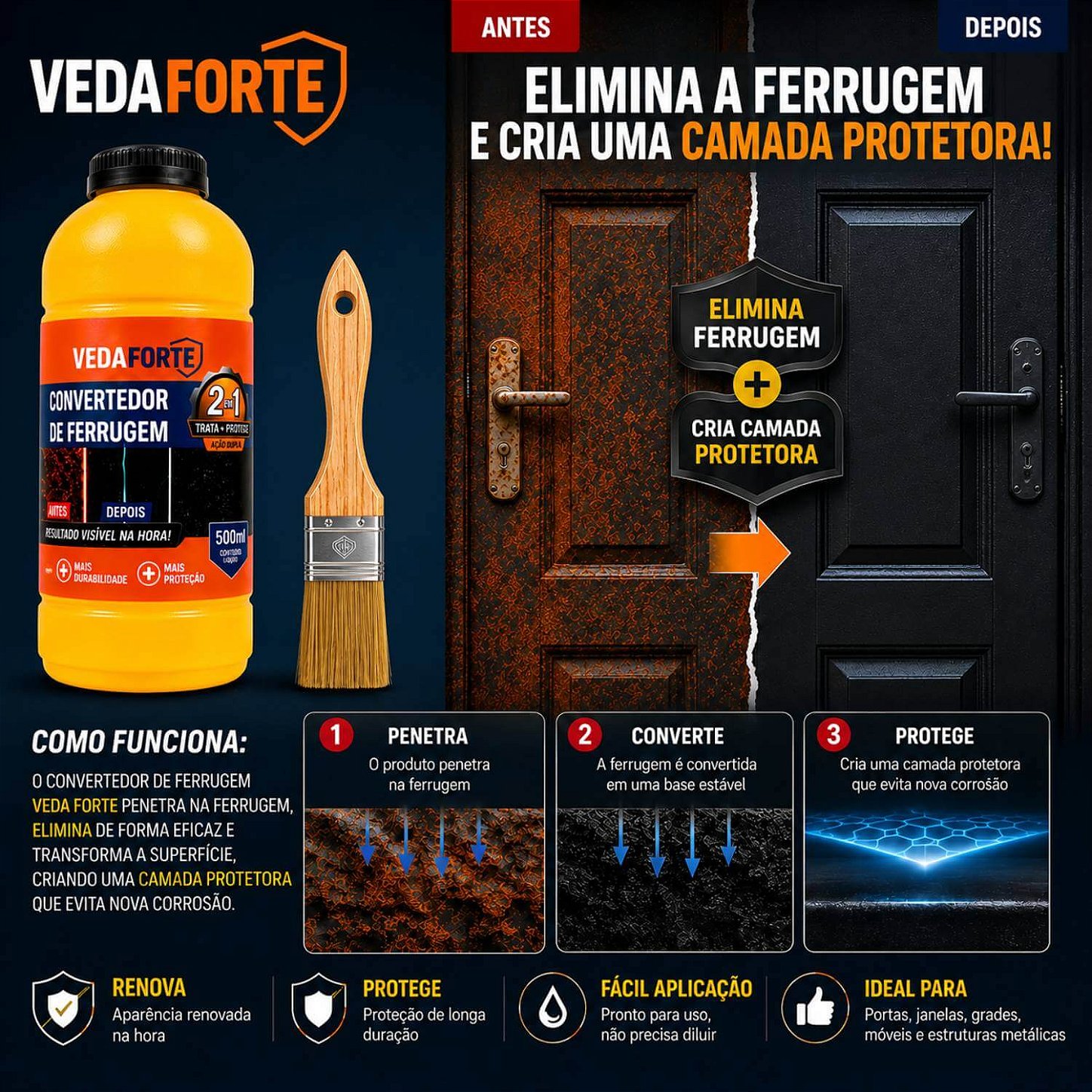 Kit Convertedor de Ferrugem 500ml + Pincel 2 Polegadas Profissional