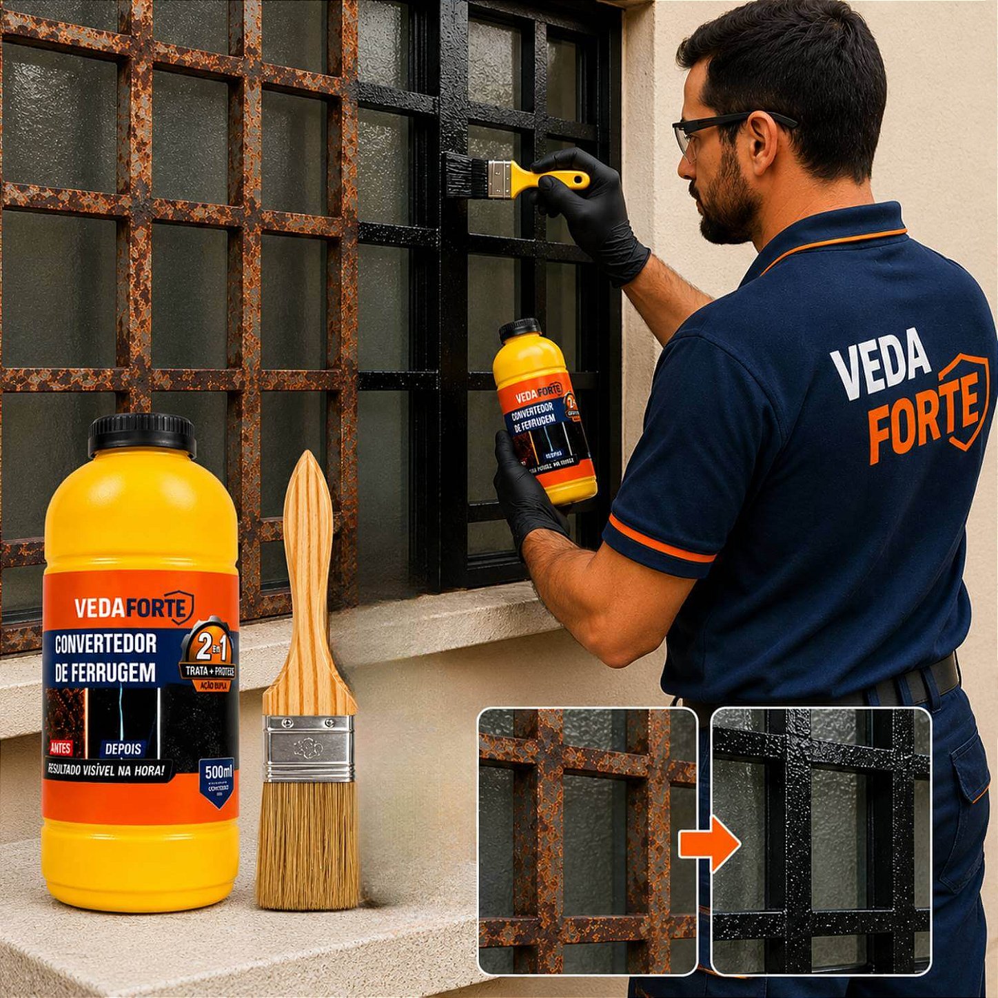 Kit Convertedor de Ferrugem 500ml + Pincel 2 Polegadas Profissional