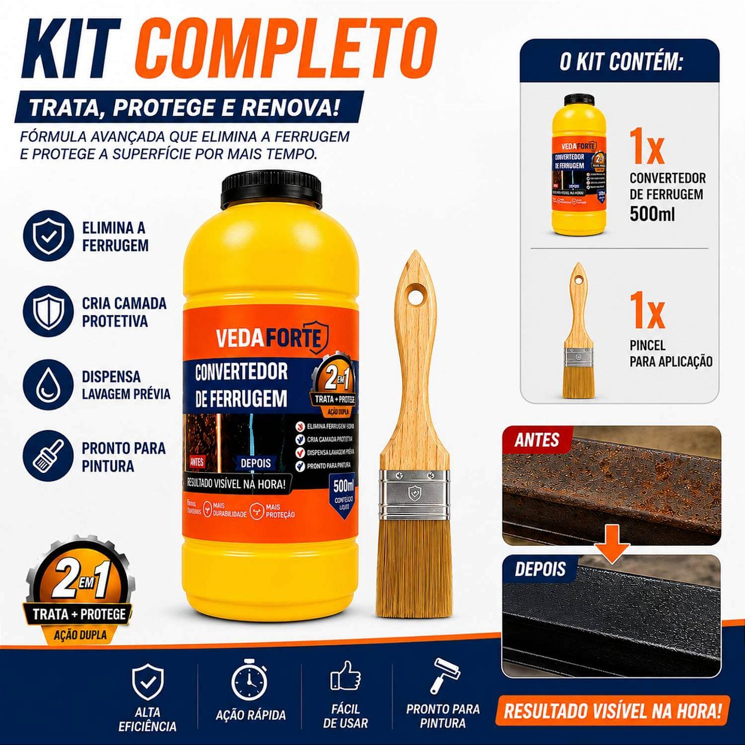 Kit Convertedor de Ferrugem 500ml + Pincel 2 Polegadas Profissional