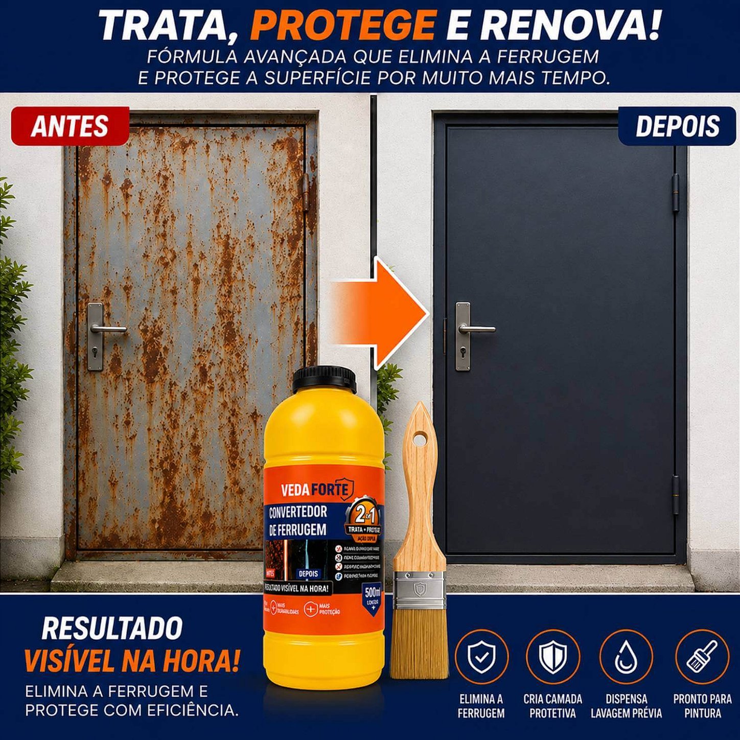 Kit Convertedor de Ferrugem 500ml + Pincel 2 Polegadas Profissional