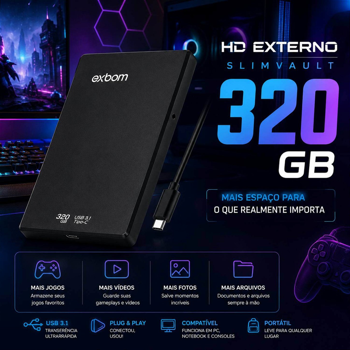 HD Externo Slimvault 320GB USB 3.1