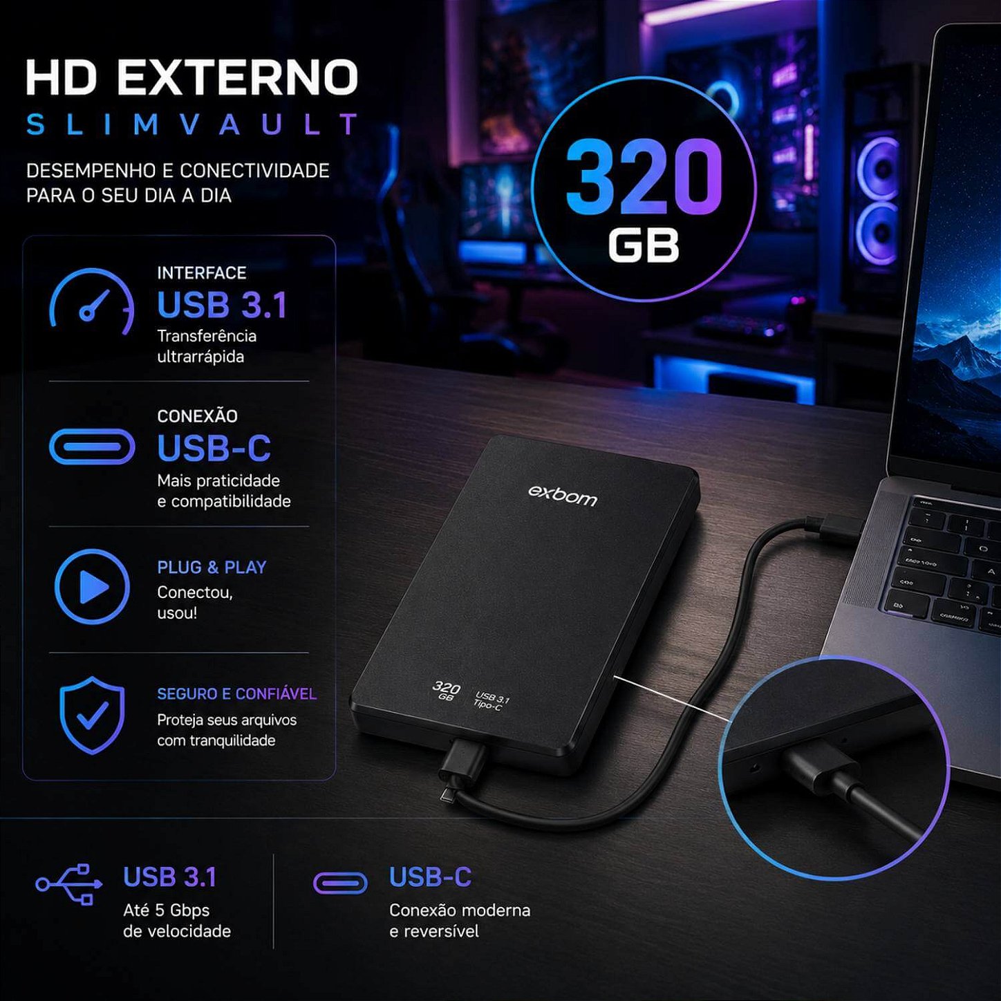 HD Externo Slimvault 320GB USB 3.1