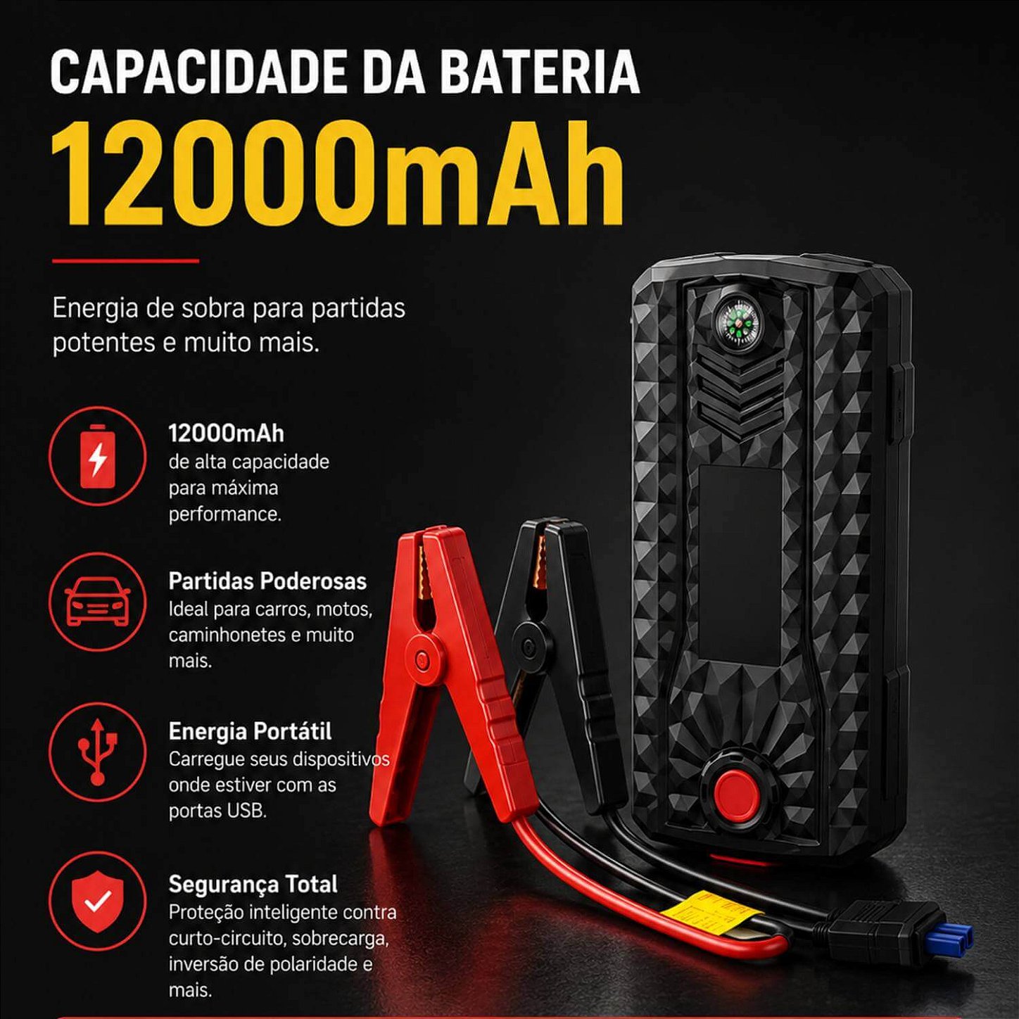 Auxiliar de Partida Veicular com Lanterna 12000mAh 12V