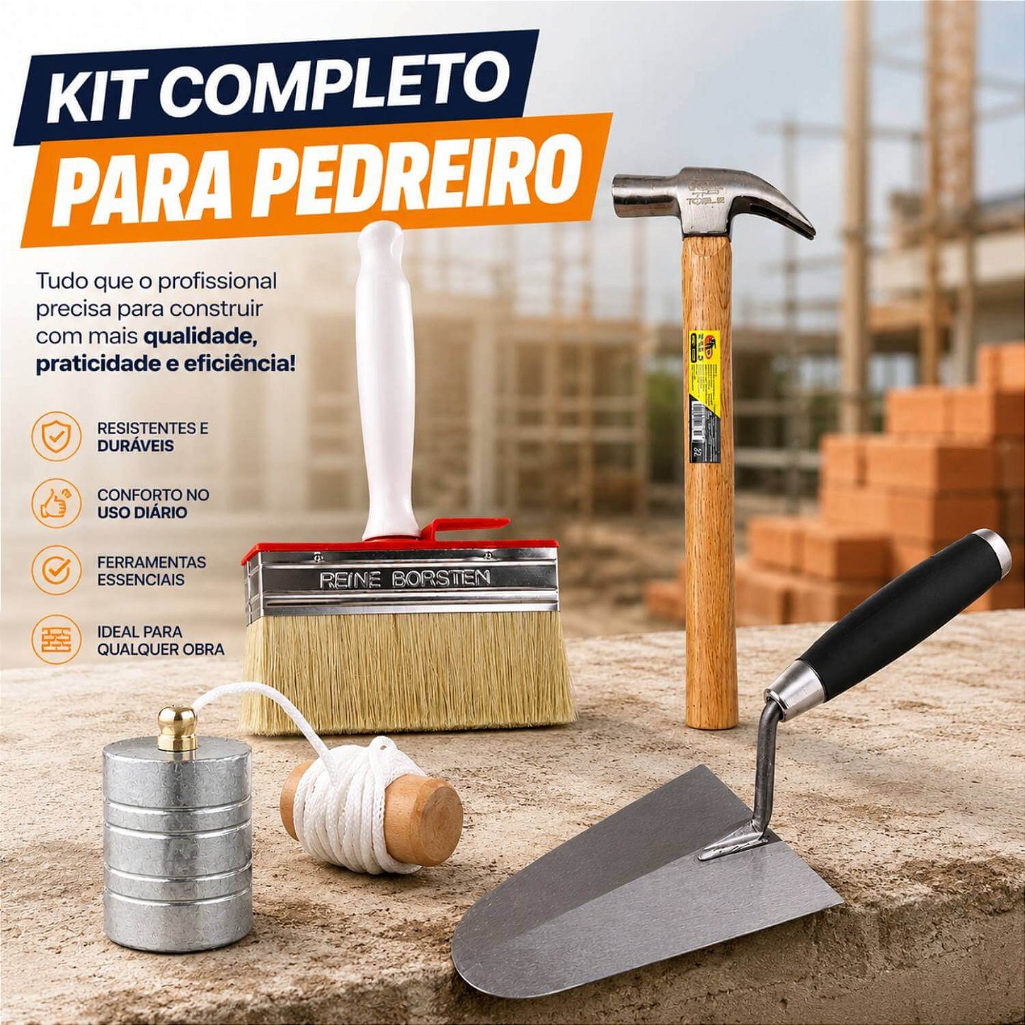 Kit Ferramentas Pedreiro Completo Prumo Colher Martelo Broxa