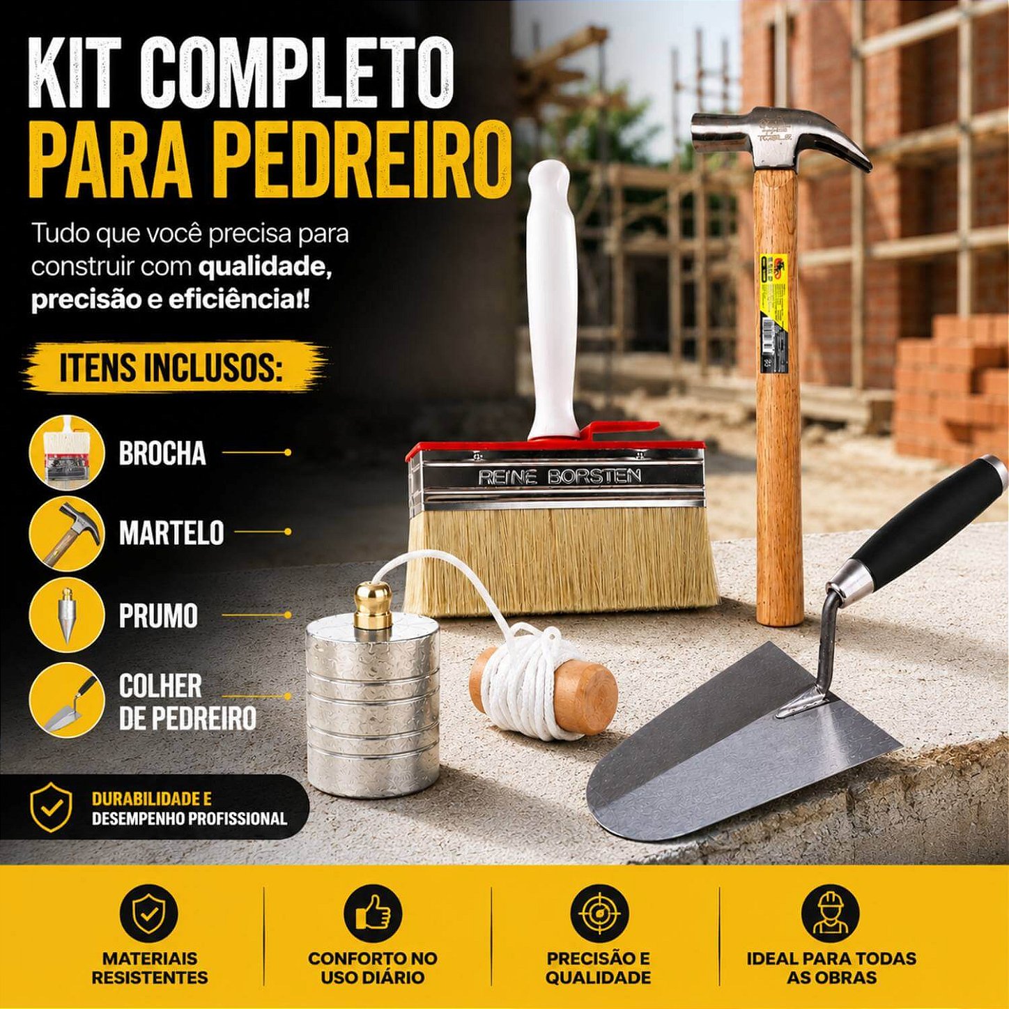 Kit Ferramentas Pedreiro Completo Prumo Colher Martelo Broxa