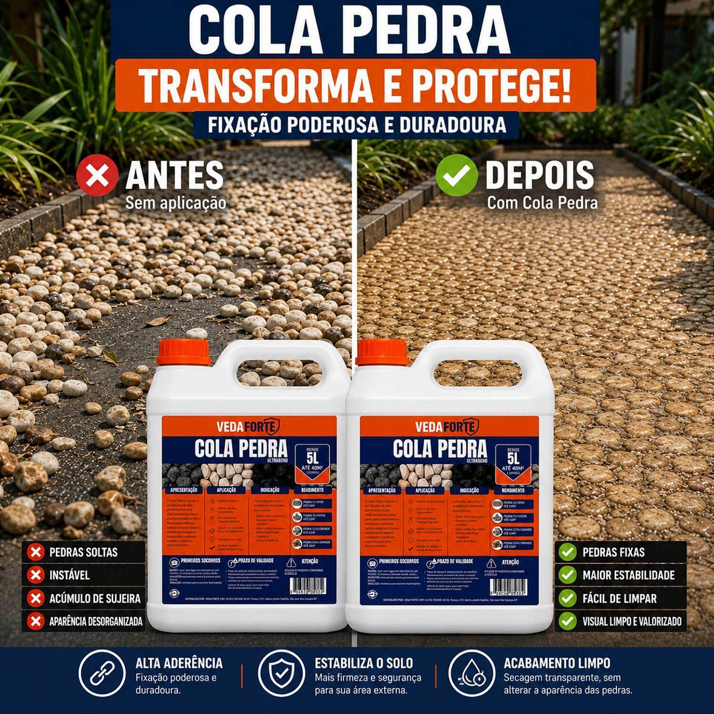Kit 2 Cola Pedra Fixador de Pedras para Jardim Veda Forte [5 Litros]