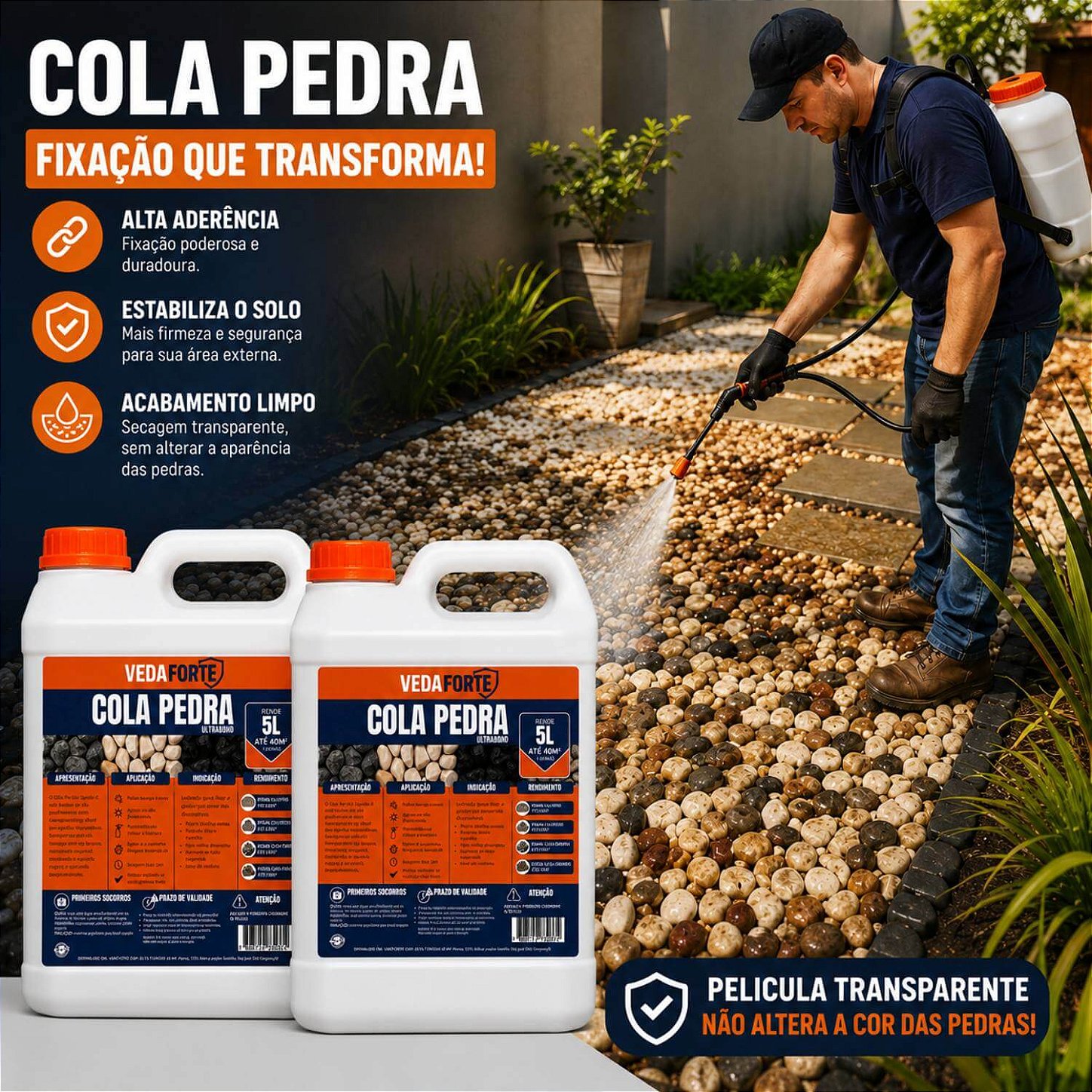 Kit 2 Cola Pedra Fixador de Pedras para Jardim Veda Forte [5 Litros]