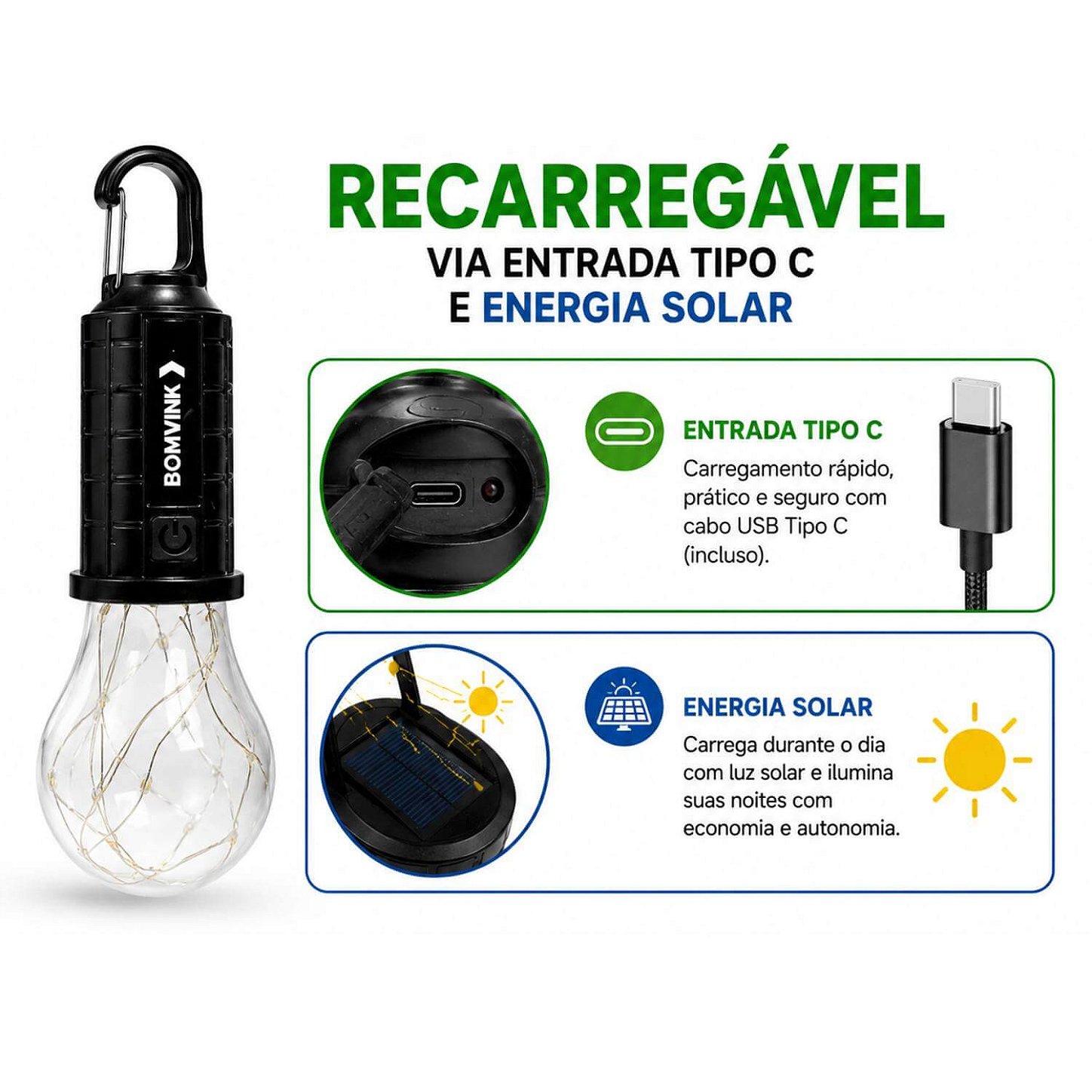 Lâmpada Led Recarregável Solar Acampamento Pesca Festa