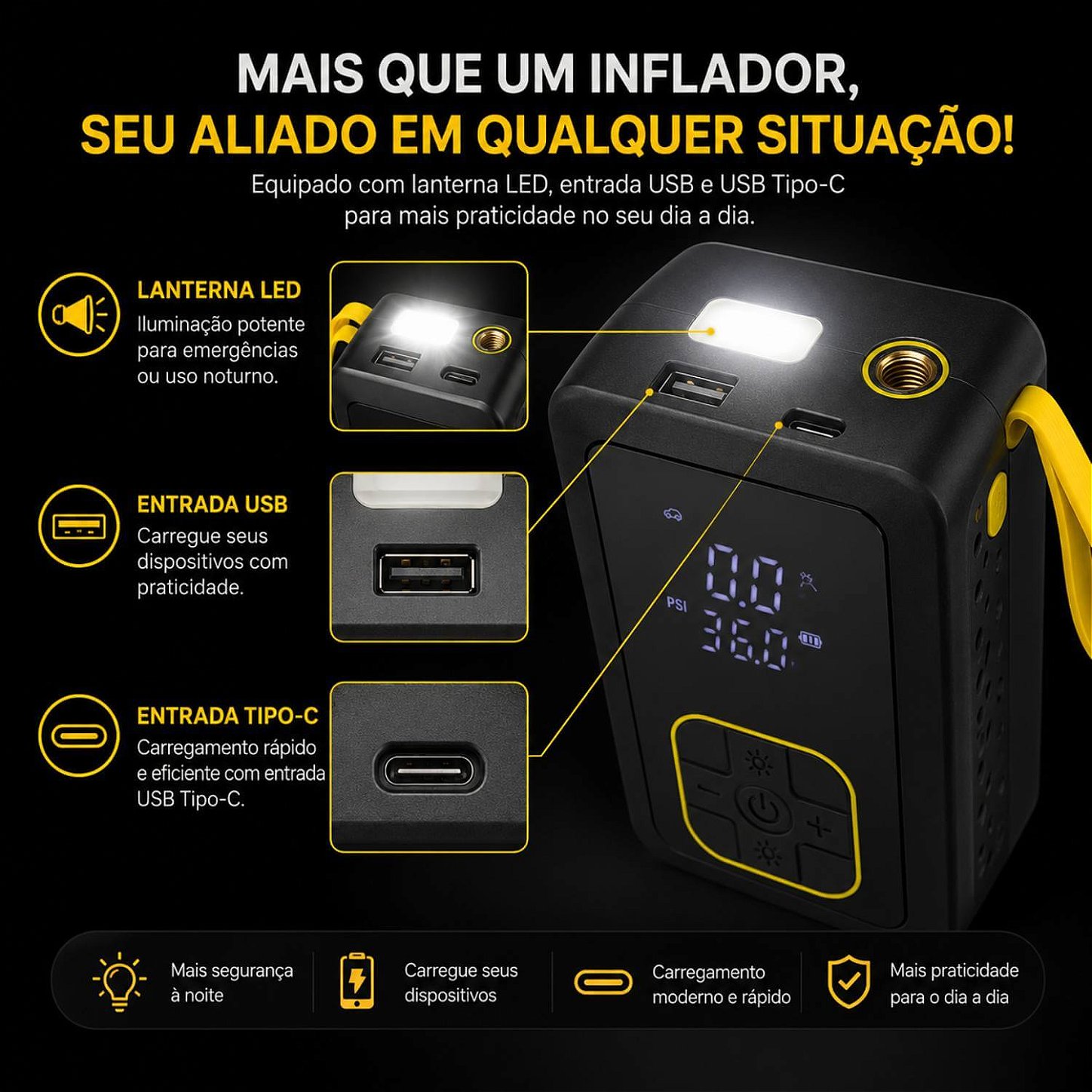 Bomba Compressor de Ar Portátil com Lanterna LED