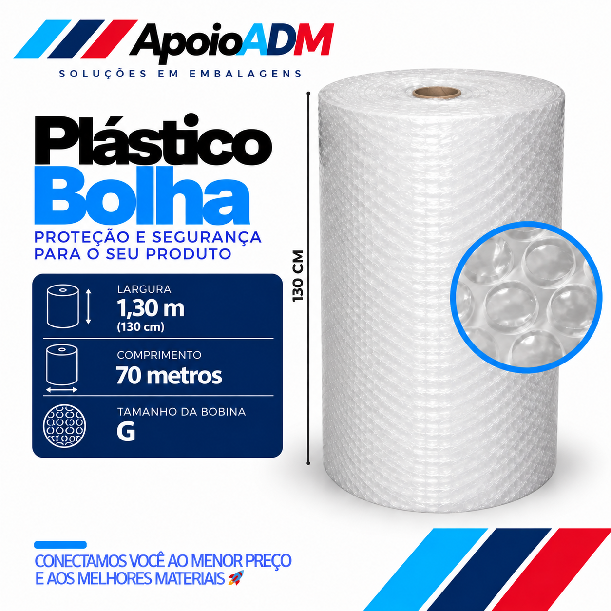 Bobina de Plástico Bolha G – 1,30 m × 70 m