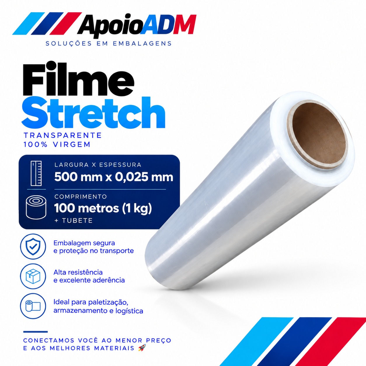 Filme Stretch Transparente 500 mm × 25 Micras – 100m 1 kg (Líquido)