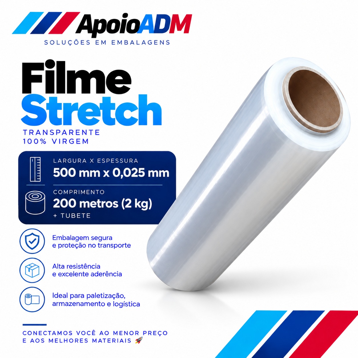 Filme Stretch Transparente 500 mm × 25 Micras – 200m 2 kg (Líquido)