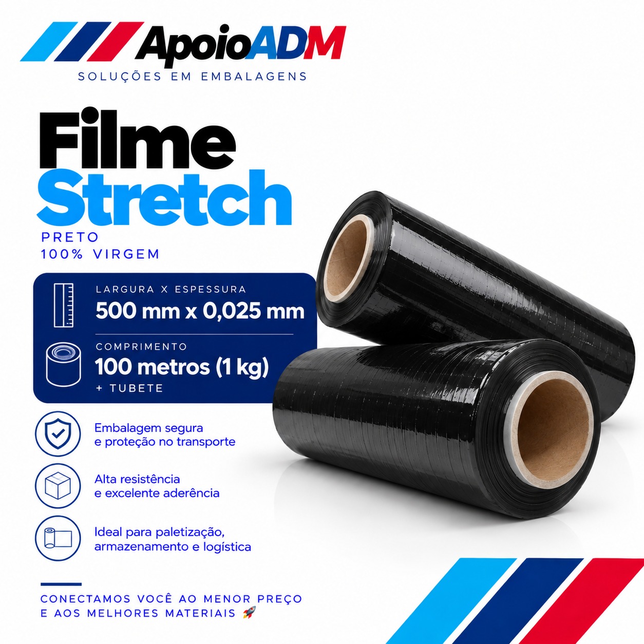 Filme Stretch Preto 500 mm × 25 Micras – 100m 1 kg (Líquido)