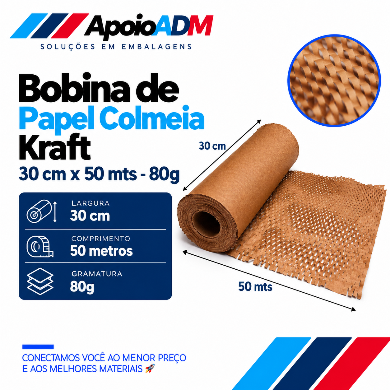 Bobina de Papel Colmeia Kraft – 30 cm × 50 m