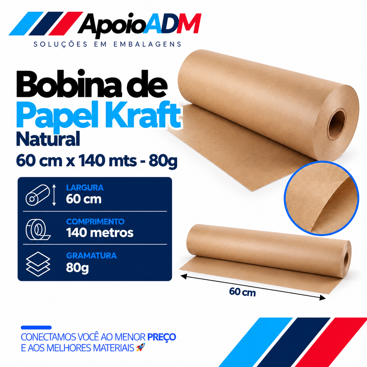 Bobina de Papel Kraft Natural 80g – 60 cm × 140 m