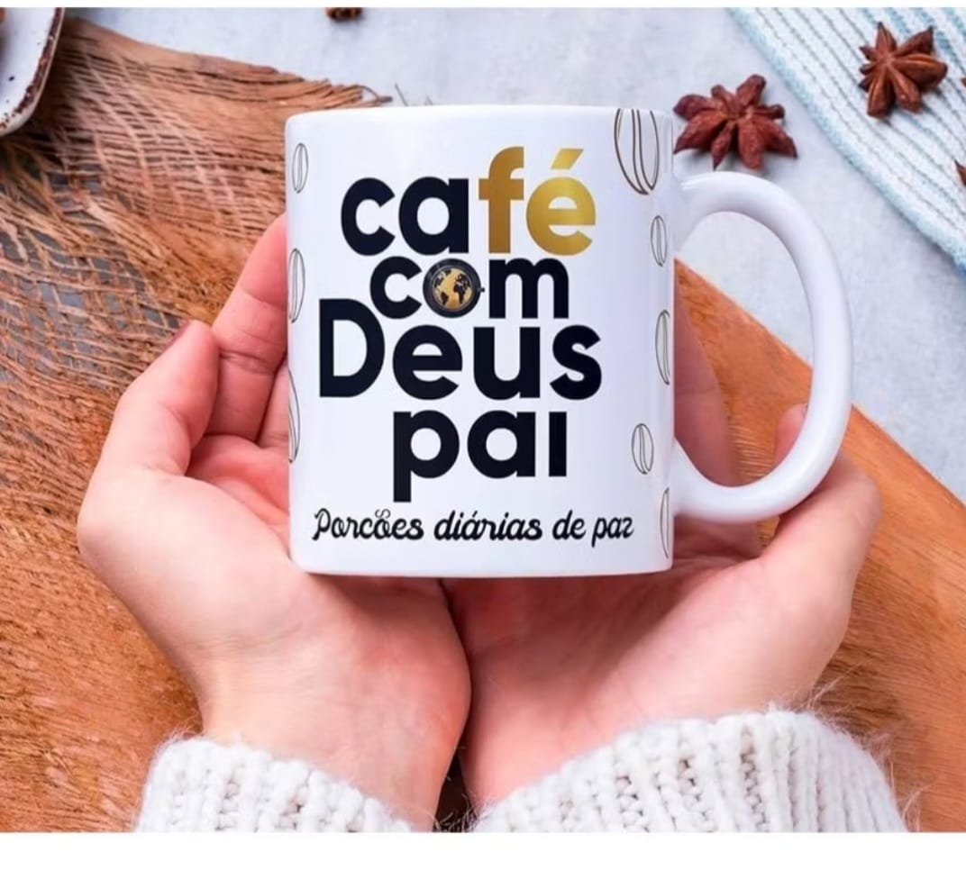 Caneca branca de cerâmica 350ml- Café com Deus Pai