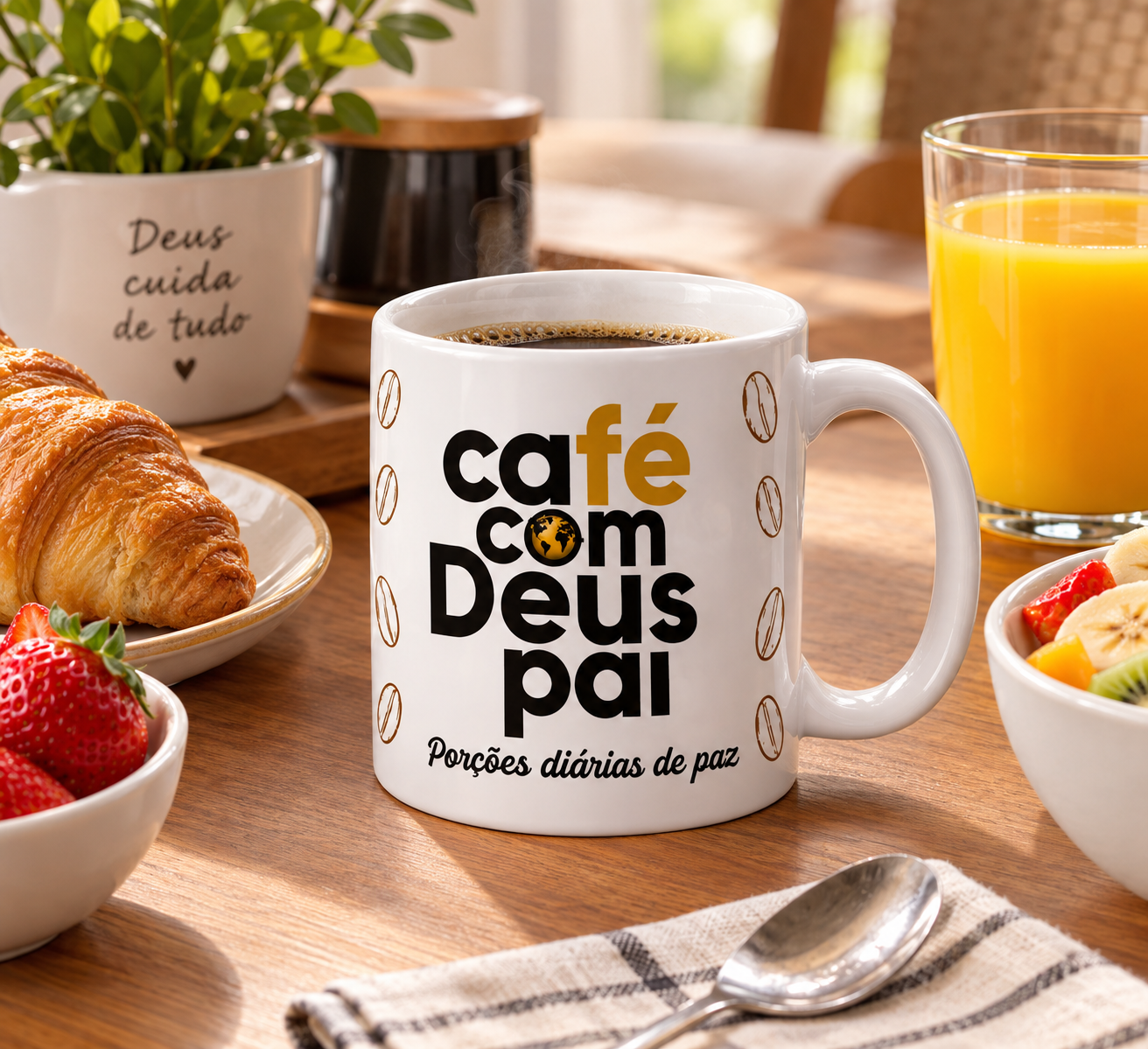 Caneca branca de cerâmica 350ml- Café com Deus Pai