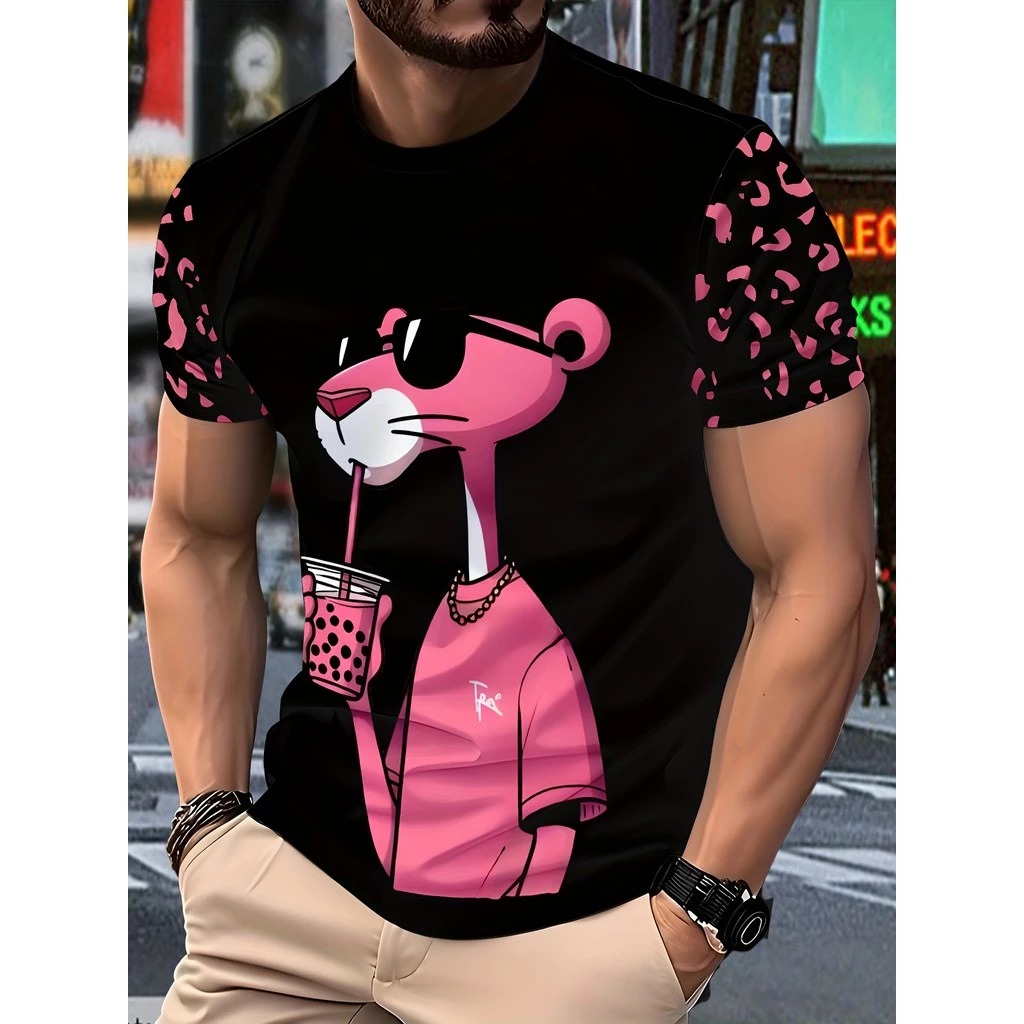 Camiseta básica de algodão masculina- Pantera Cor de Rosa