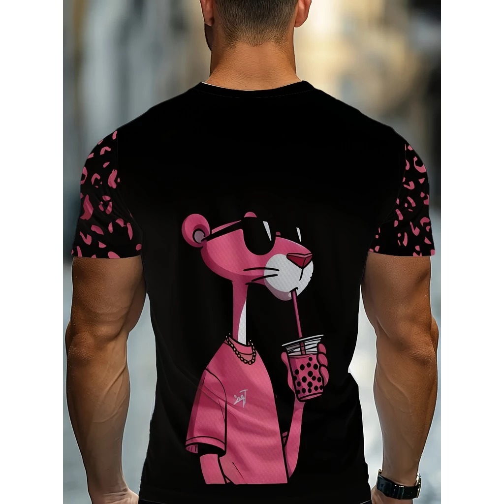 Camiseta básica de algodão masculina- Pantera Cor de Rosa