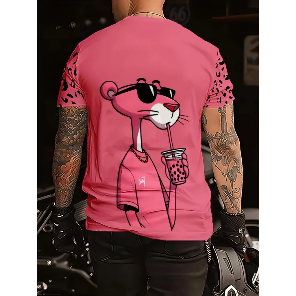 Camiseta básica de algodão masculina- Pantera Cor de Rosa