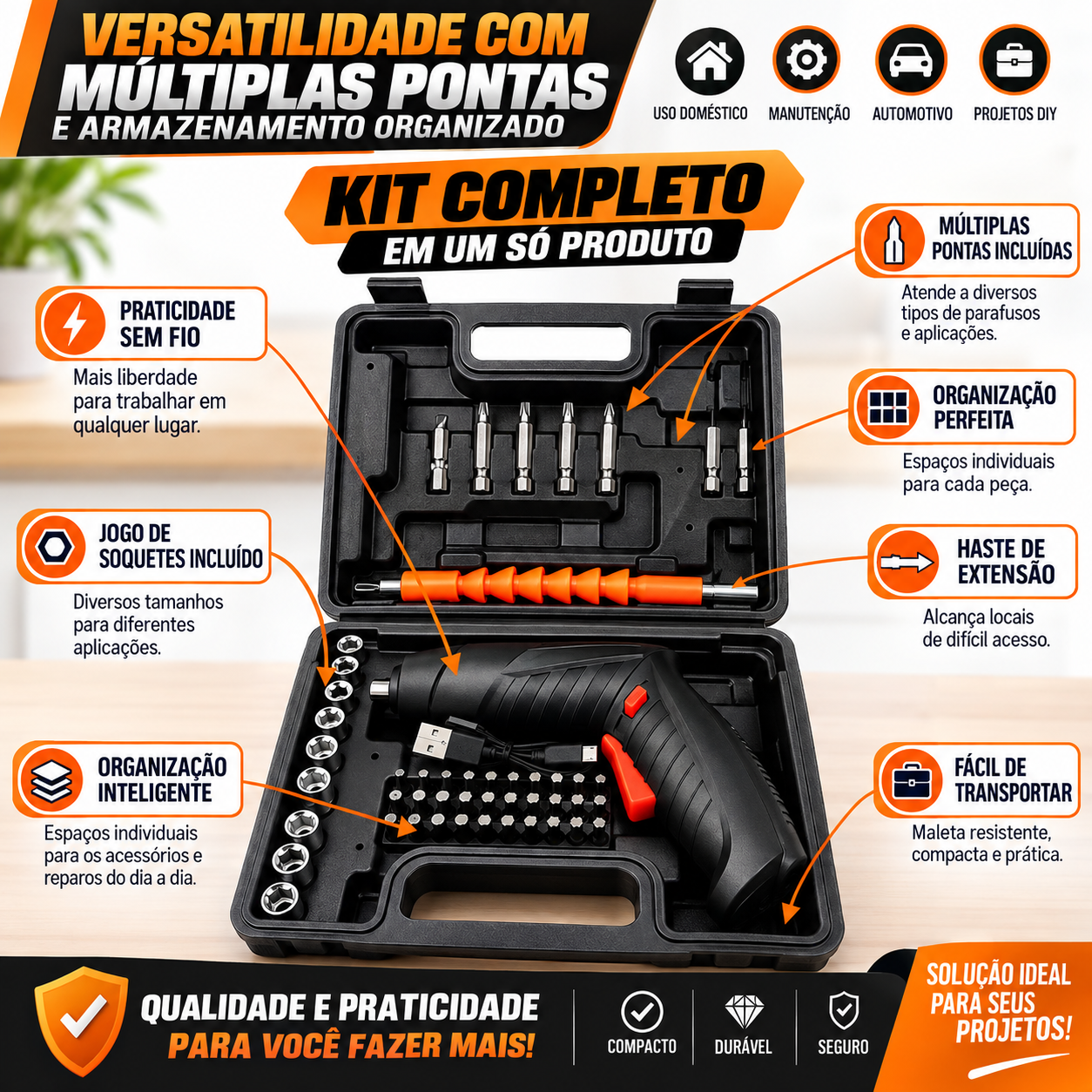 Kit de Chave de Fenda Elétrica Recarregável