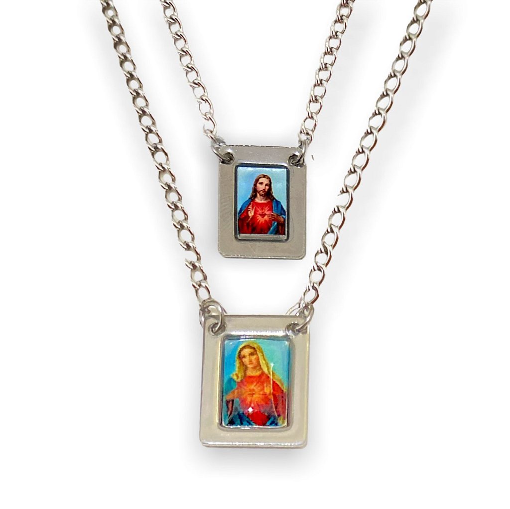 Escapulario Aço Inox Sagrado Coração de Maria e Jesus
