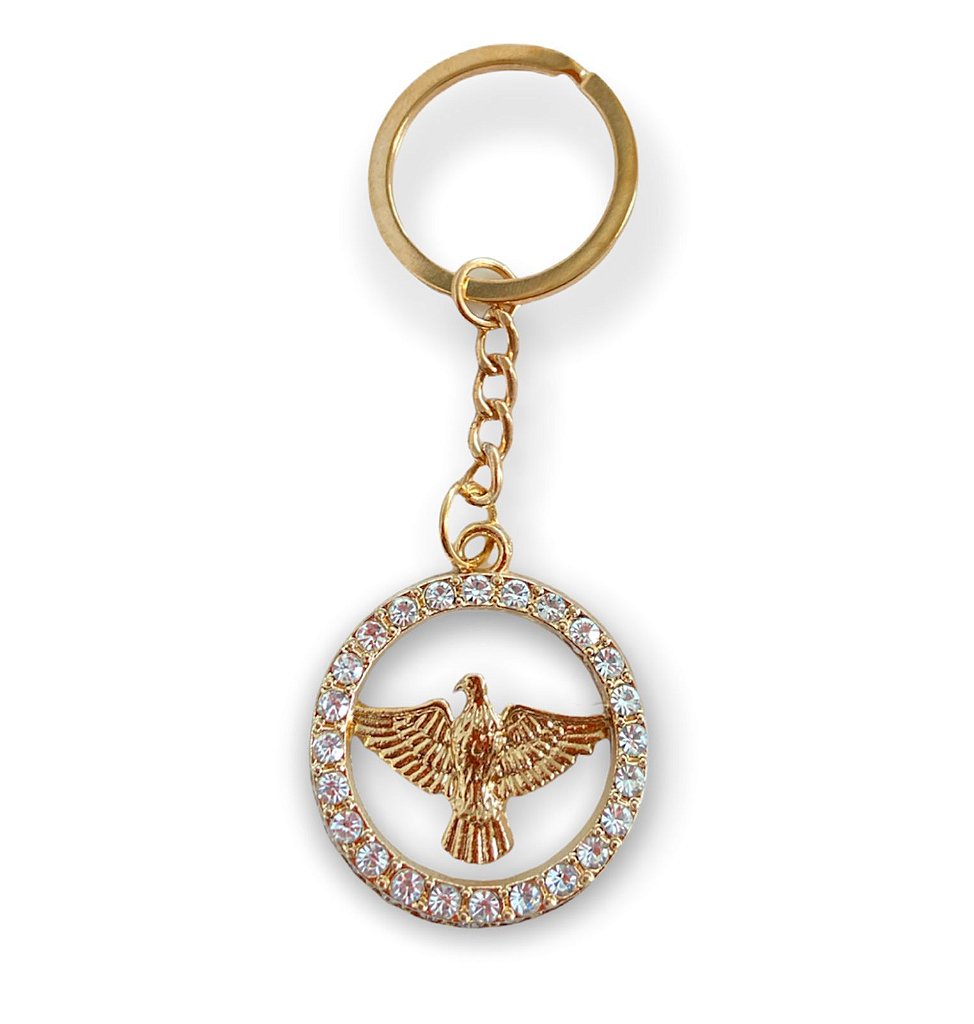 Chaveiro Divino Espirito Santo Strass Dourado Vazado