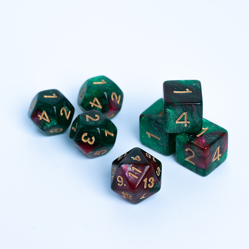 Conjunto de 7 dados Viper - Guildas Fúria Selvagem - Vermelho e Verde 7un