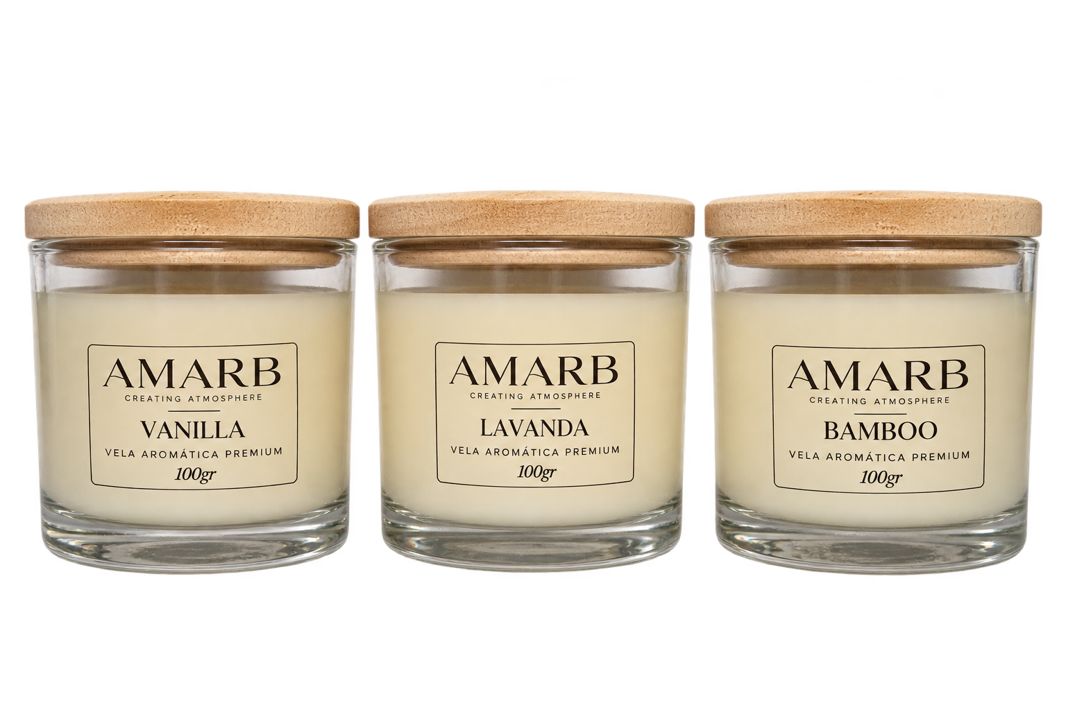 KIT 3 Velas aromáticas (Bamboo, Vanilla e Lavanda)
