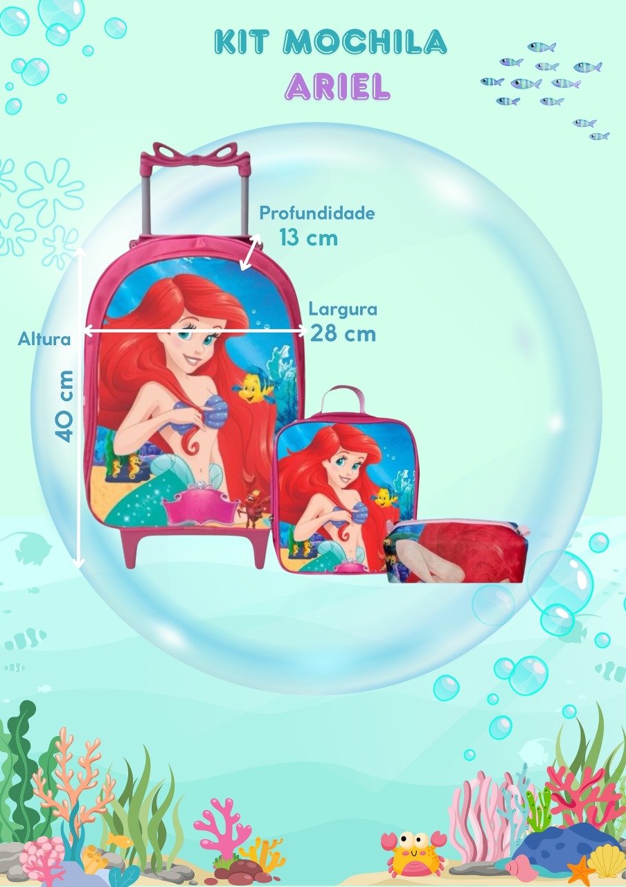 Kit Mochila Rodinhas + Lancheira + Estojo A Pequena Sereia Ariel