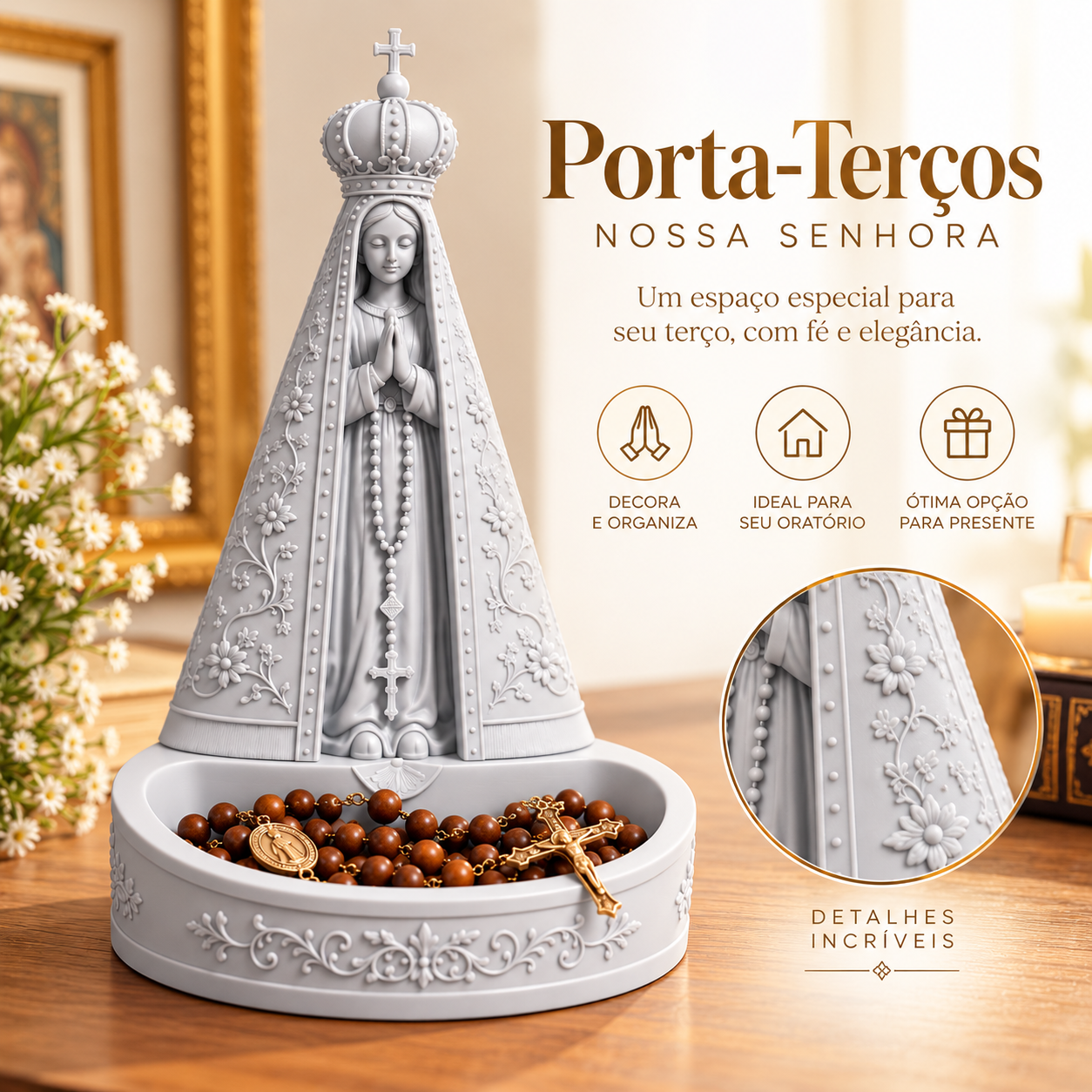 Porta Terços Nossa Senhora Aparecida 15cm – Imagem Católica para Rosário e Oratório