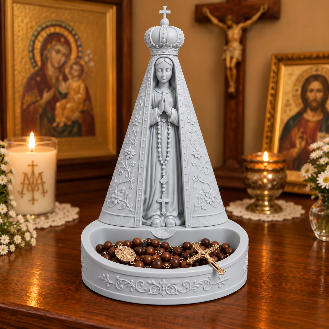 Porta Terços Nossa Senhora Aparecida 15cm – Imagem Católica para Rosário e Oratório