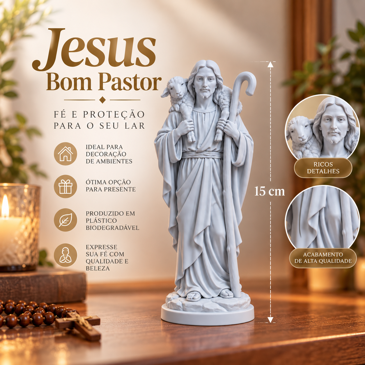 Imagem Jesus Bom Pastor 15 cm – Estátua Religiosa Católica para Oratório e Decoração