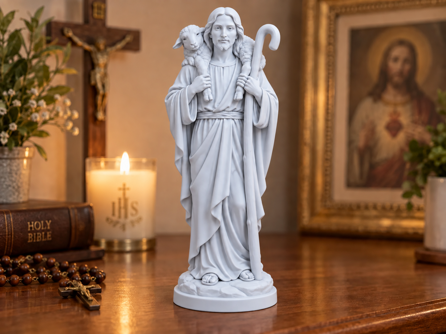 Imagem Jesus Bom Pastor 15 cm – Estátua Religiosa Católica para Oratório e Decoração