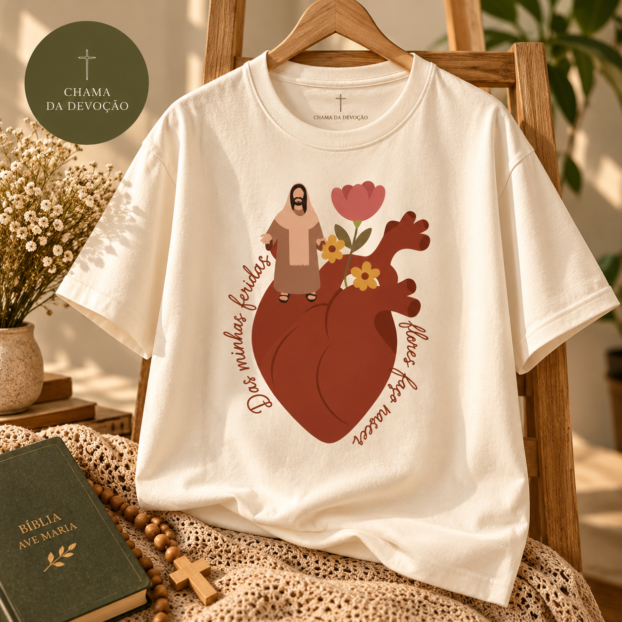 Camiseta Cristã Florescer na Fé – Jesus e Sagrado Coração