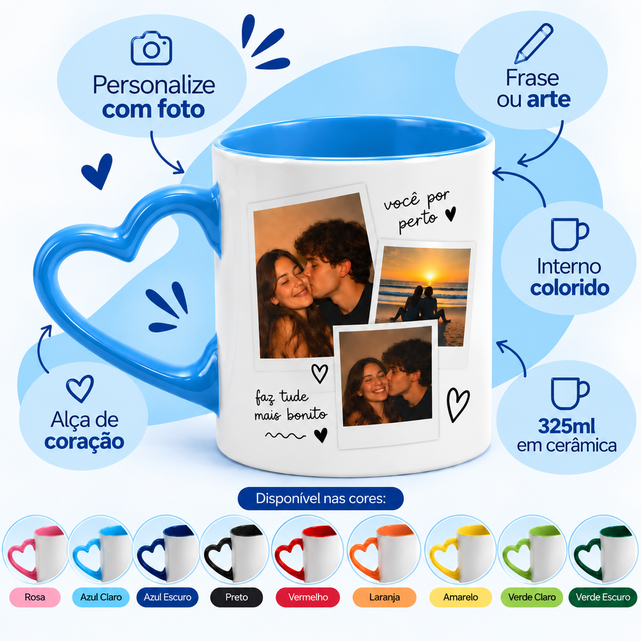 Caneca Personalizada com Alça de Coração e Interior Colorido - 325ml
