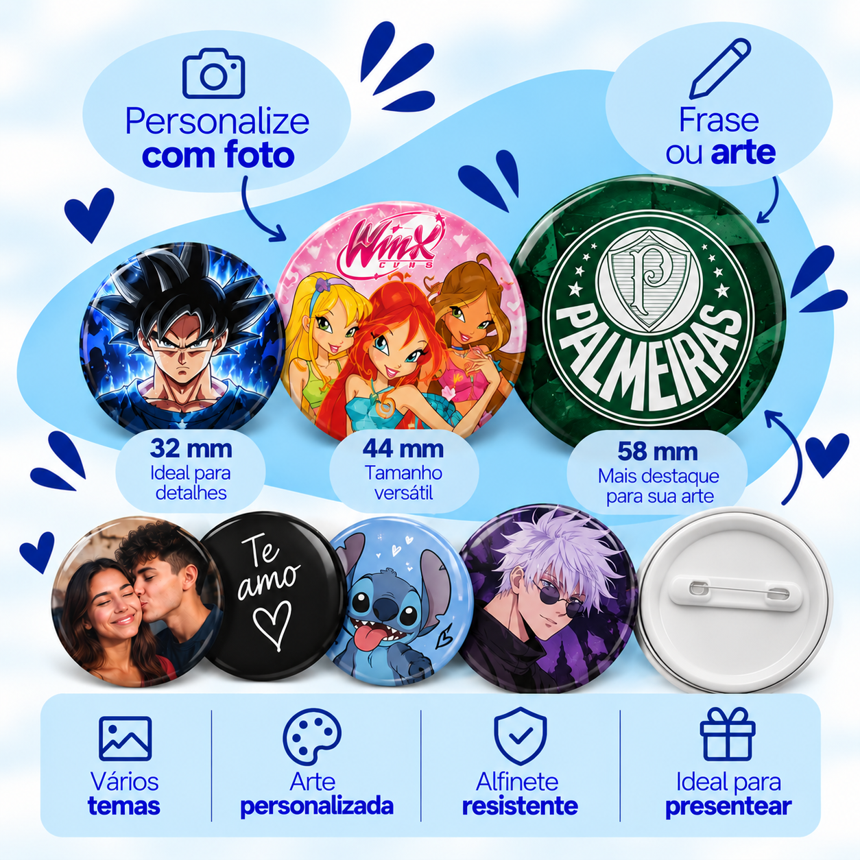 Botton Personalizado com Foto, Frase ou Arte – 32mm, 44mm e 58mm