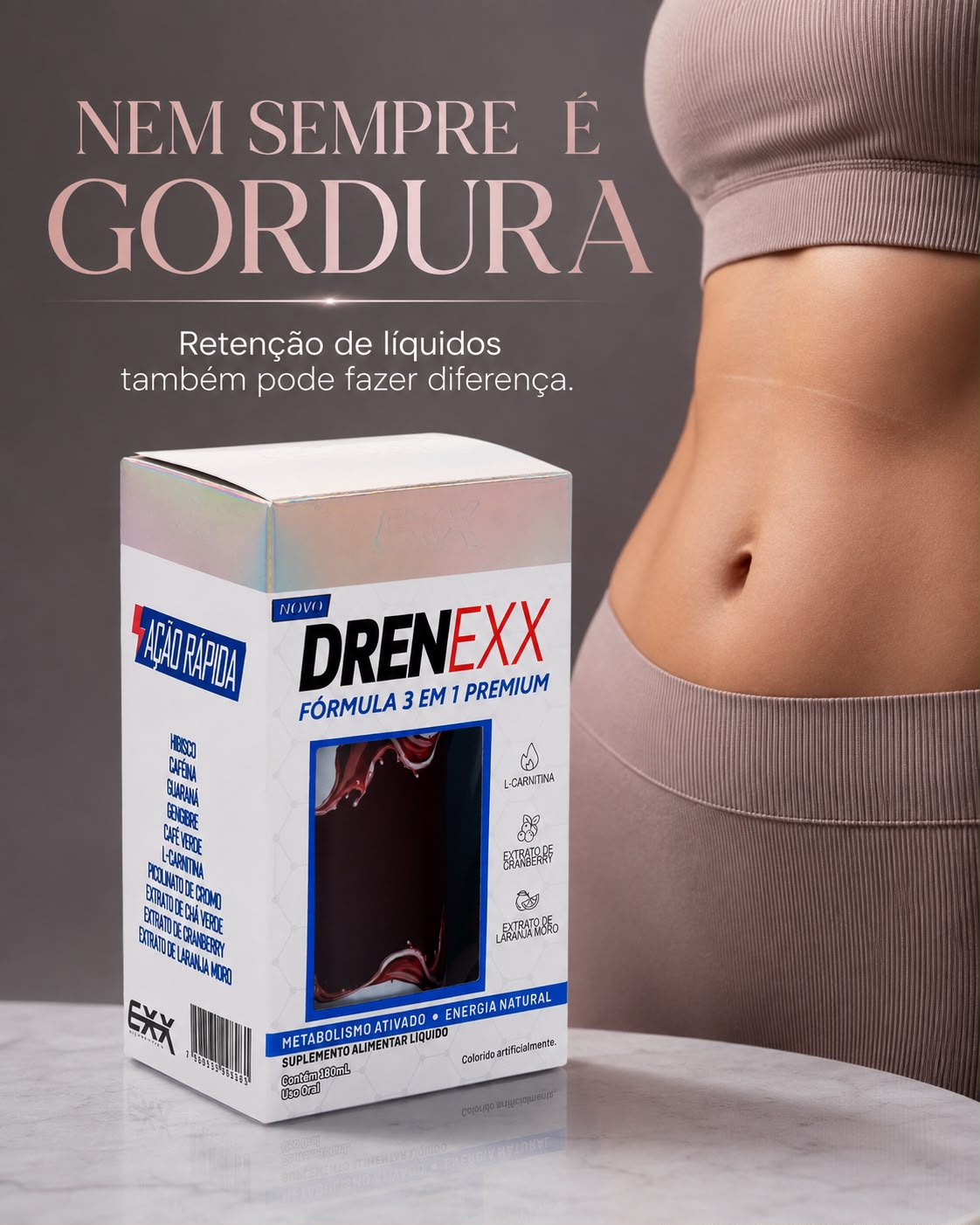 Drenexx Fórmula 3 Em 1 Premium 180ml Exx Nutrition - Termogênico emagrecedor