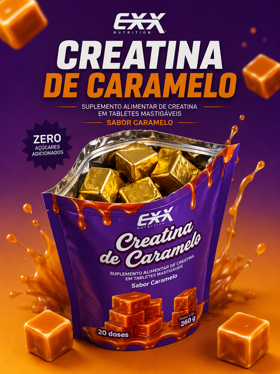 Creatina De Caramelo Rxx Nutrition 260g 20 Doses 3g 0 Açúcar