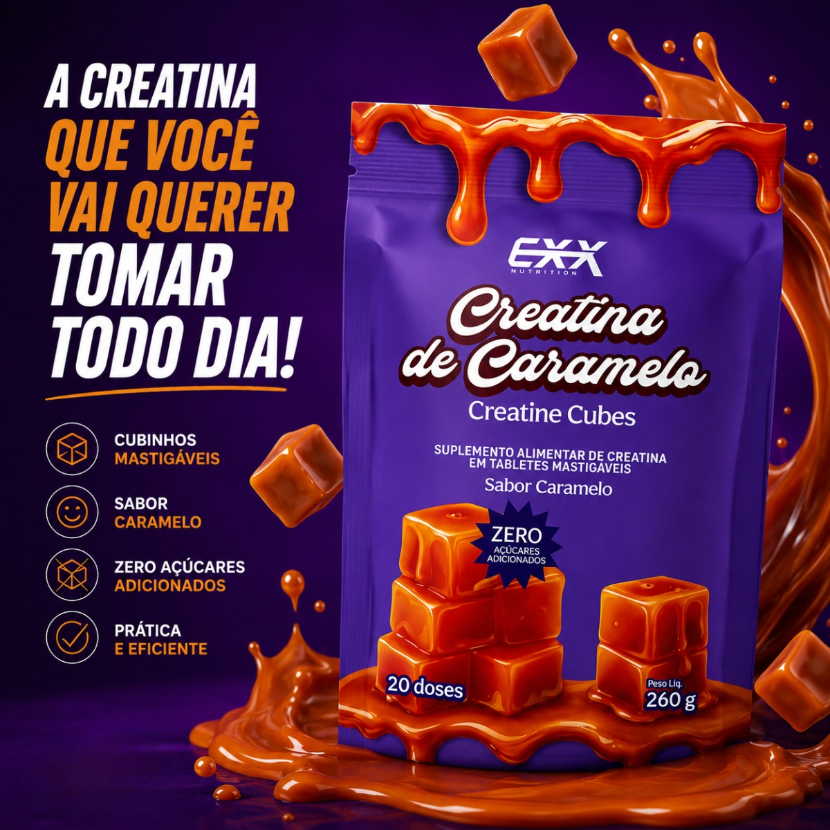 Creatina De Caramelo Rxx Nutrition 260g 20 Doses 3g 0 Açúcar