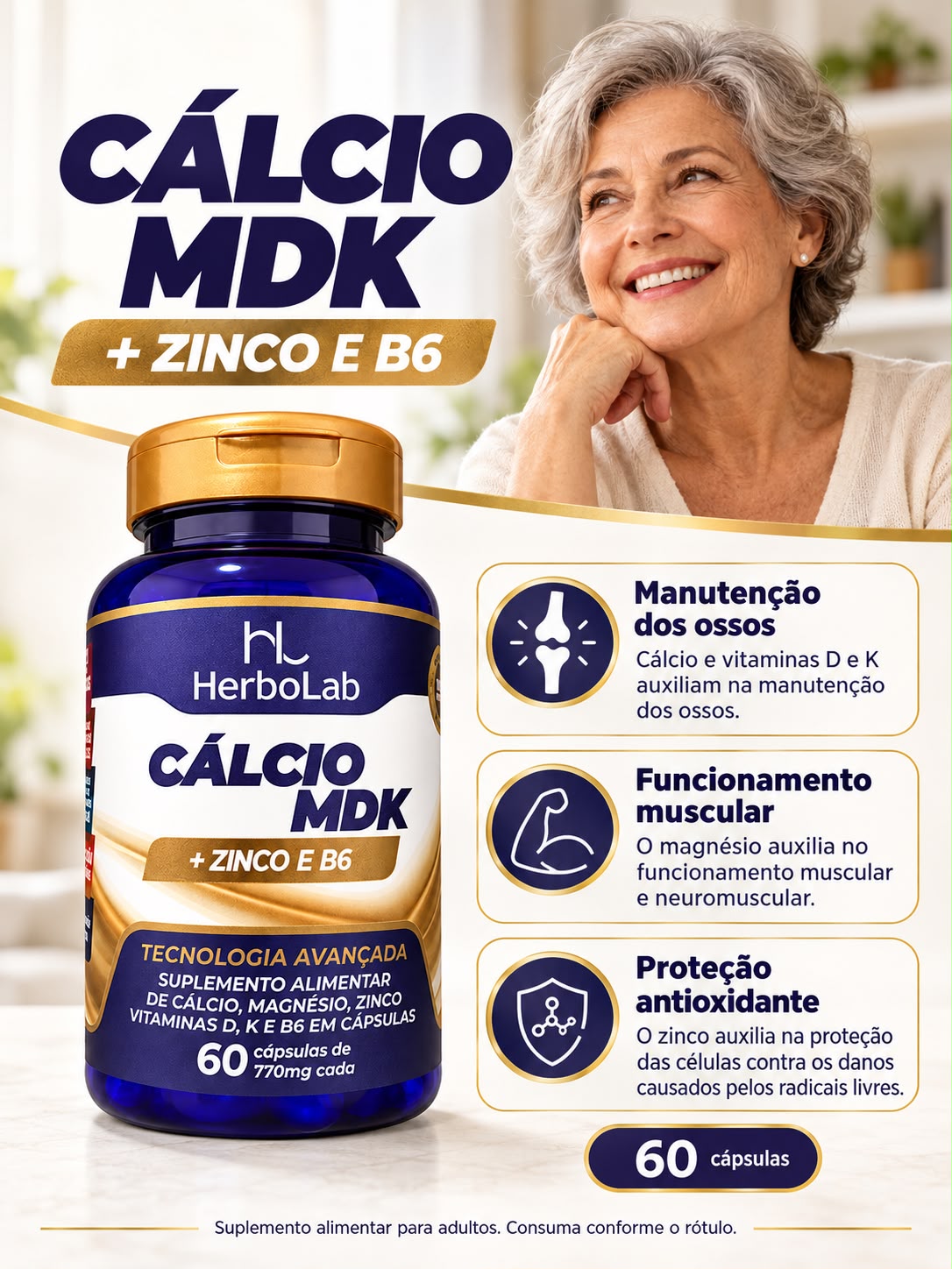 Calcio Mdk + Zinco E B6 Herbolab 60 Capsulas