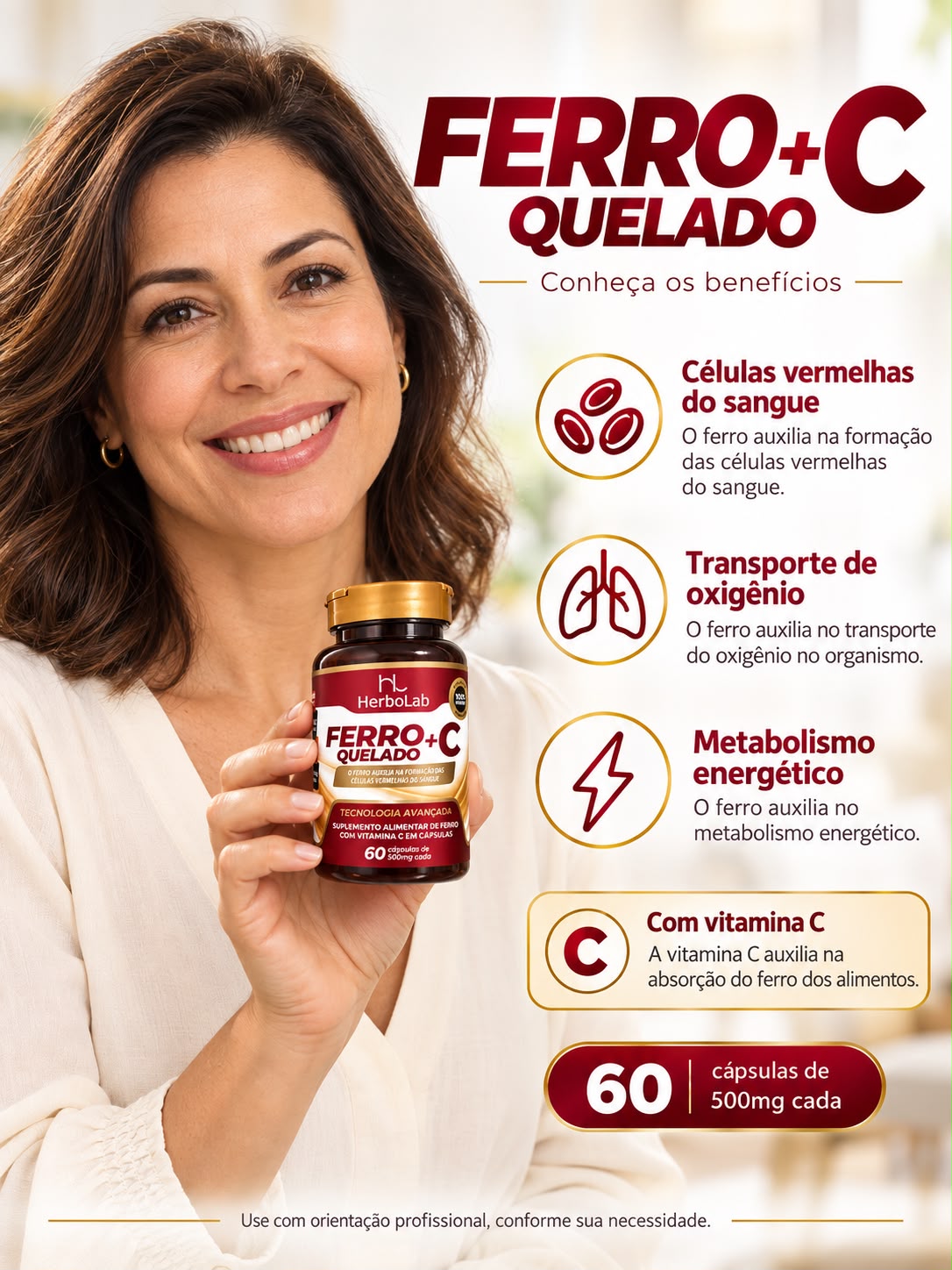 Ferro Quelado + Vitamina C Herbolab 60 Cápsulas