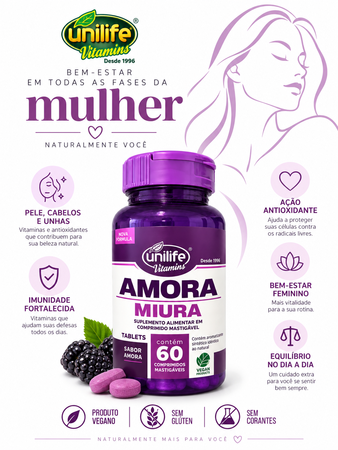Amora Miúra Unilife 60 Comprimidos Mastigáveis Sabor Amora