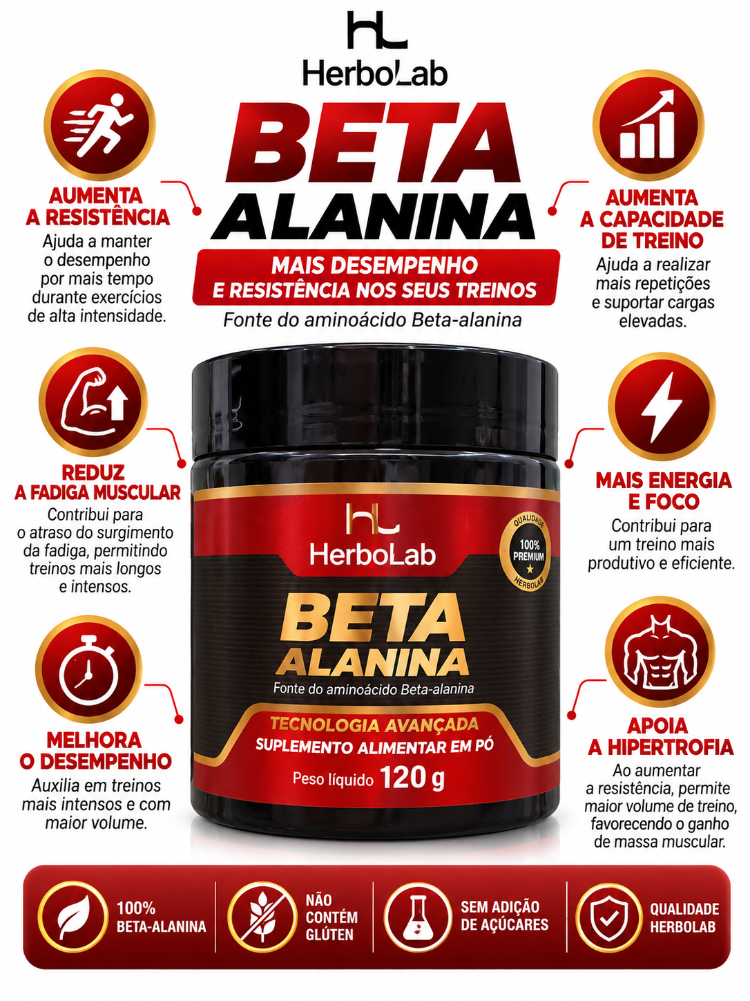 Beta Alanina 120g HerboLab Suplemento Alimentar em Pó