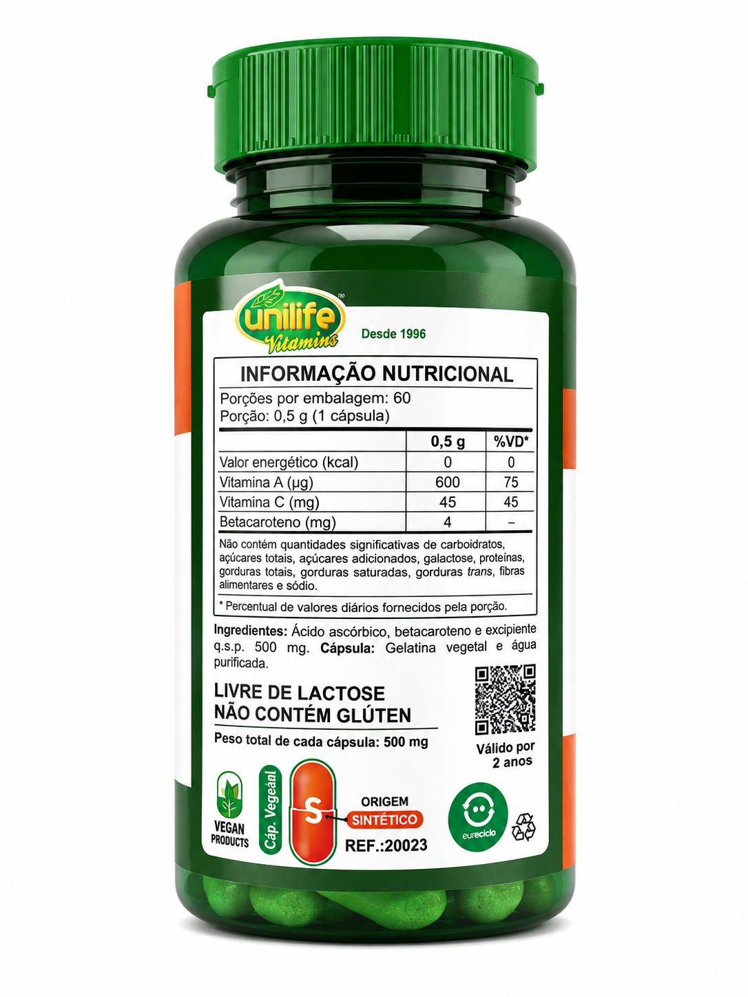 Beta Caroteno Pró-Vitamina A + Vitamina C Unilife 60 Cápsulas