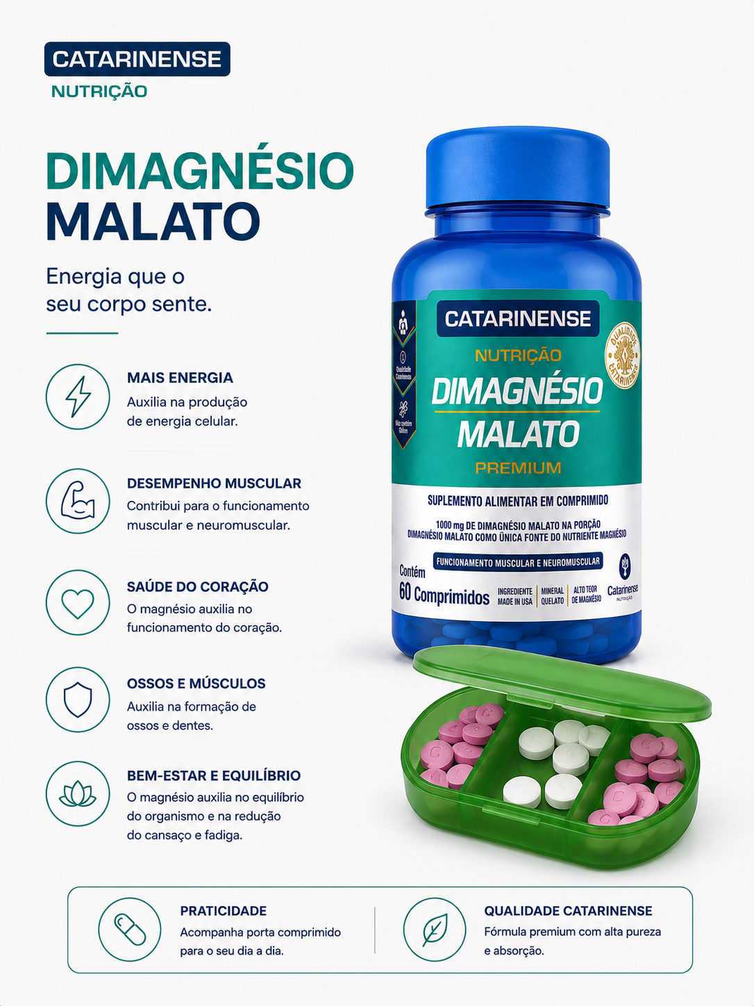 Catarinense Dimagnesio Malato Premium 1300mg 60cpr
