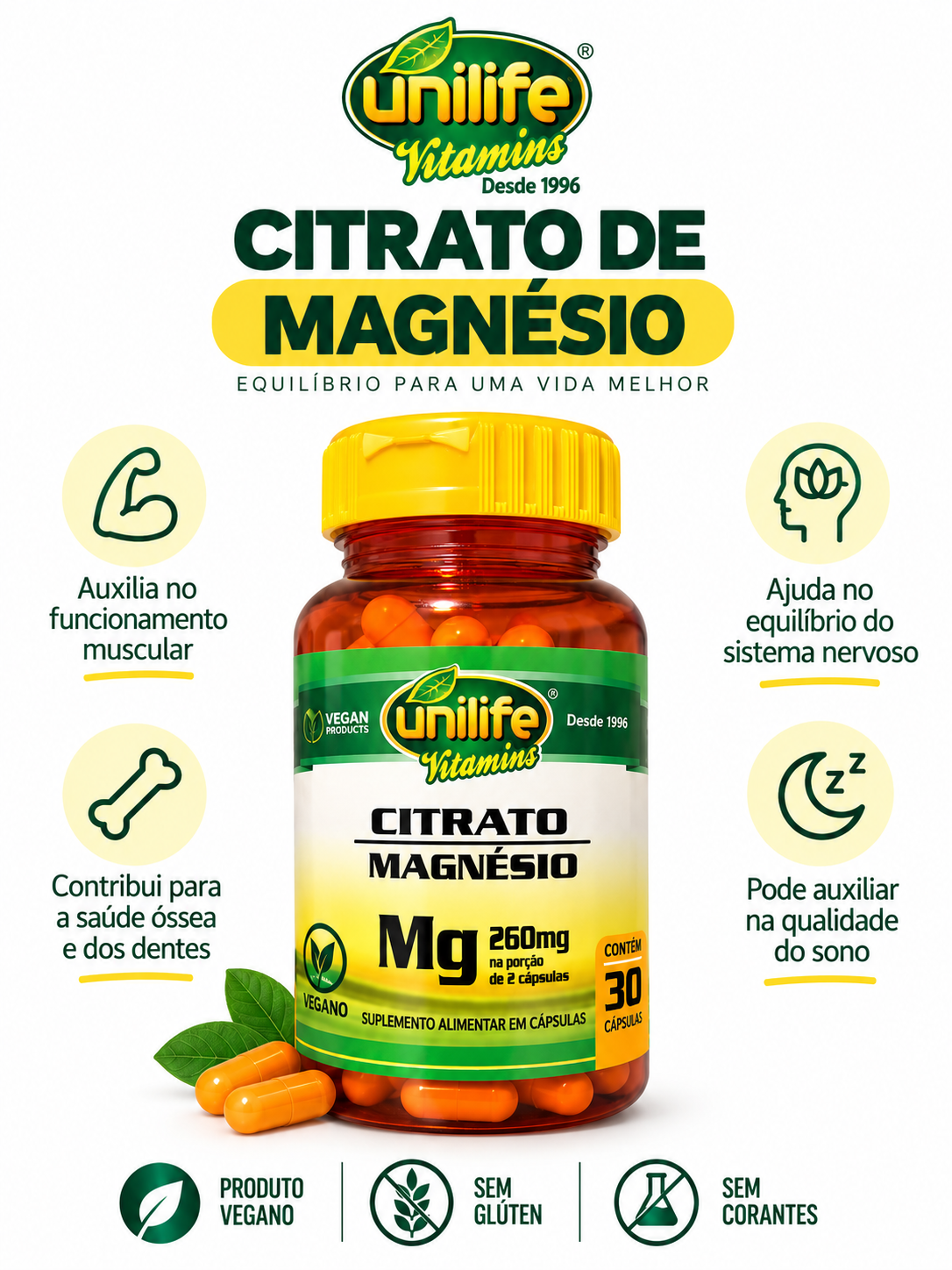 Citrato de Magnésio 260mg Unilife Vitamins 60 Cápsulas Vegano